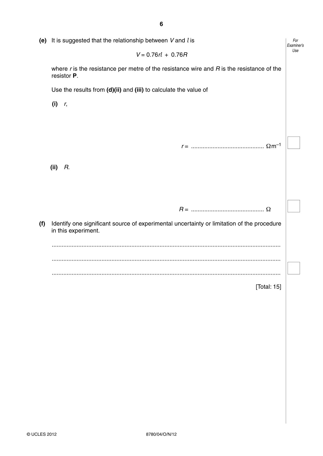 Cambridge A Level Physical Science 8780 2012 Oct/Nov Paper 4 · Variant 1 question paper, page 6 of 16