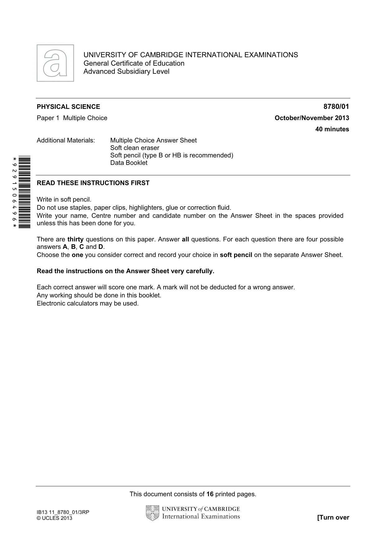 Cambridge A Level Physical Science 8780 2013 Oct/Nov Paper 1 · Variant 1 question paper, page 1 of 16
