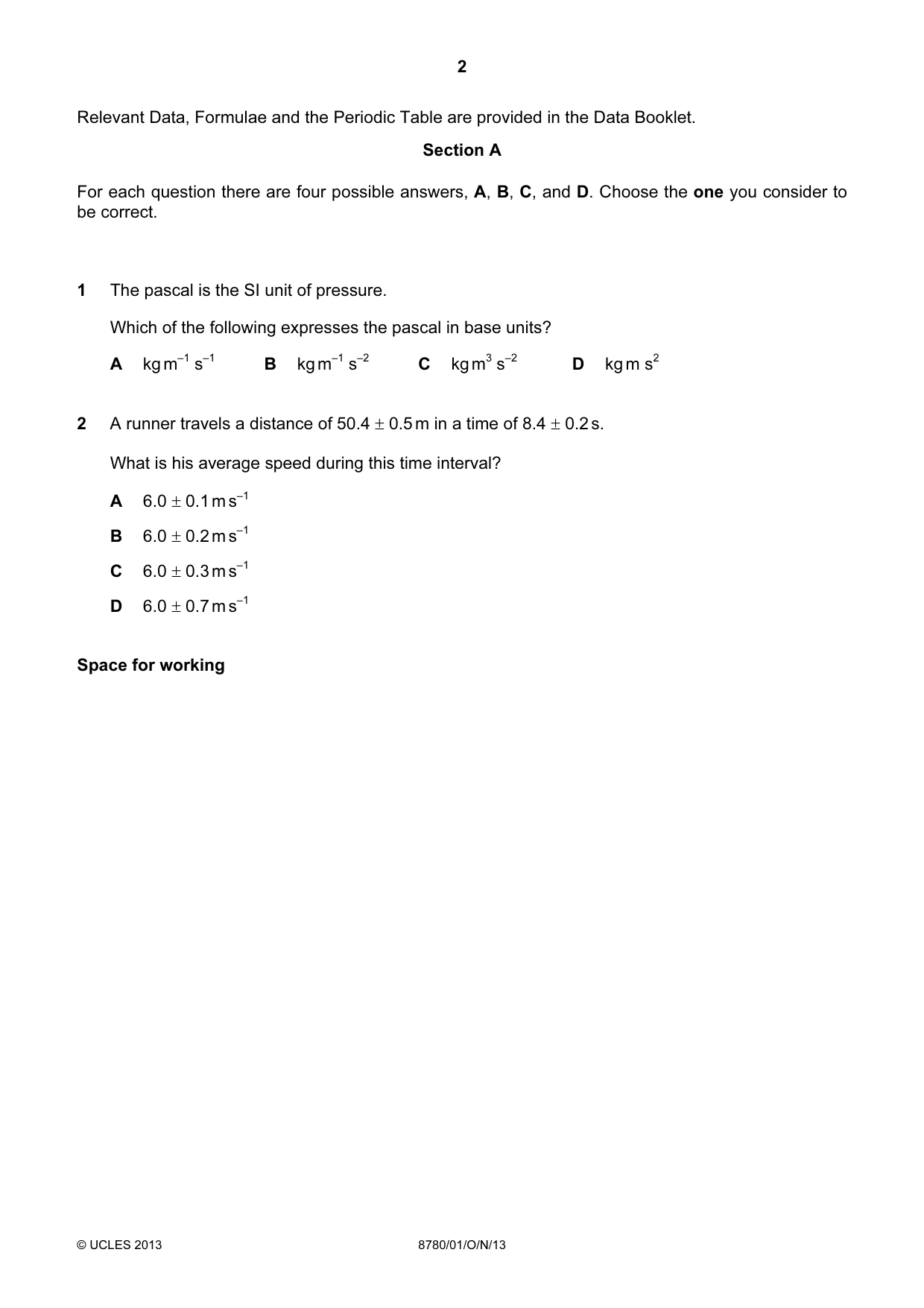 Cambridge A Level Physical Science 8780 2013 Oct/Nov Paper 1 · Variant 1 question paper, page 2 of 16