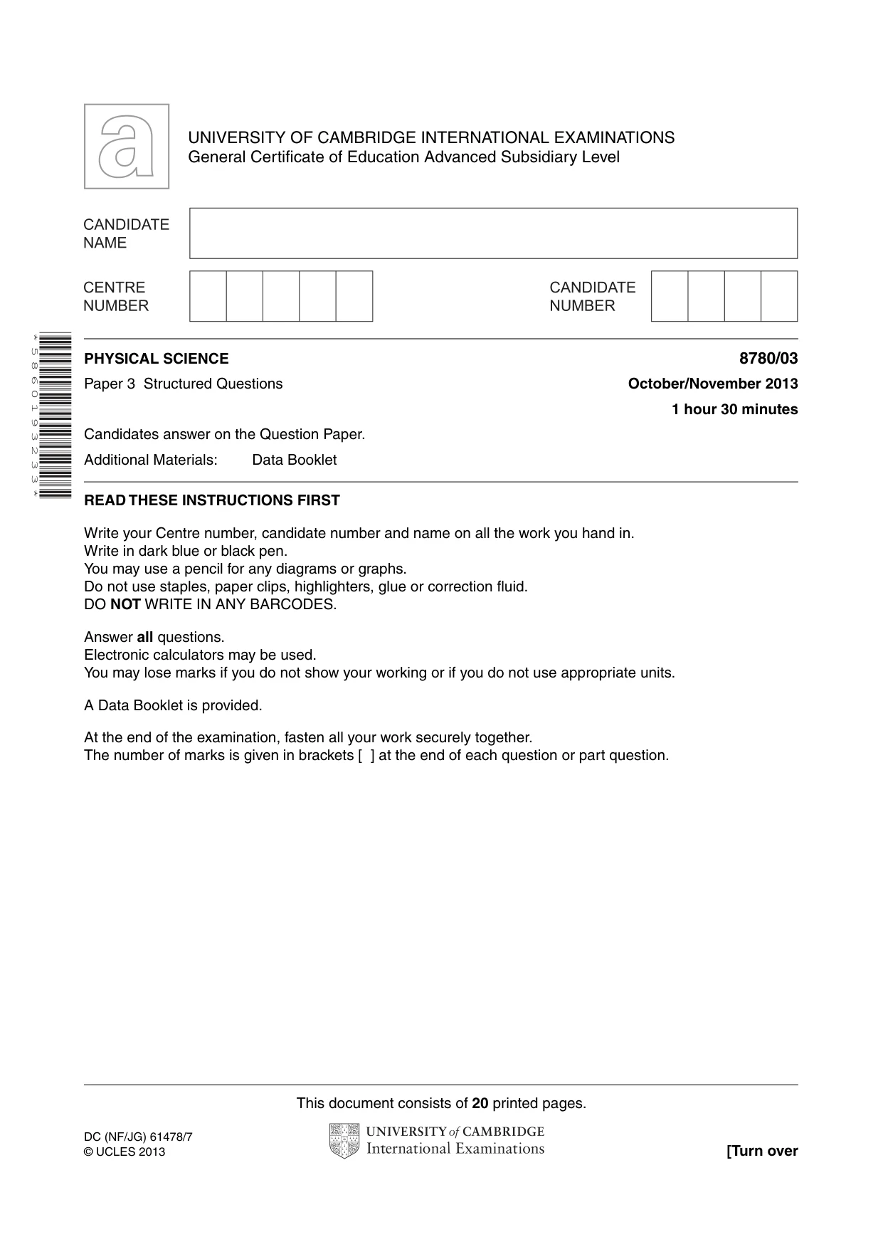 Cambridge A Level Physical Science 8780 2013 Oct/Nov Paper 3 · Variant 1 question paper, page 1 of 20