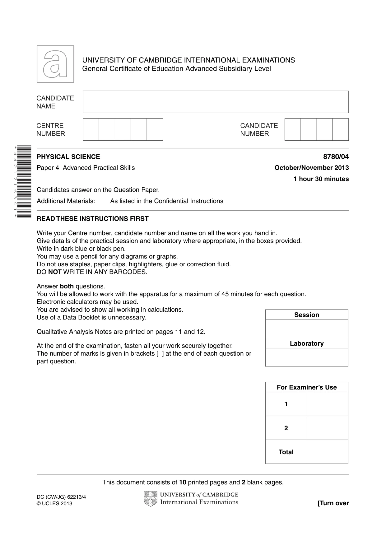 Cambridge A Level Physical Science 8780 2013 Oct/Nov Paper 4 · Variant 1 question paper, page 1 of 12
