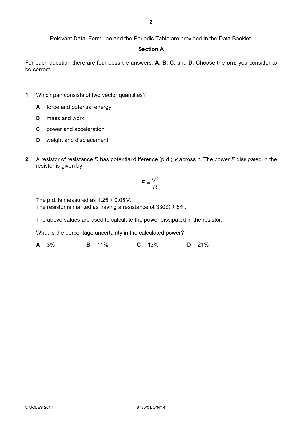 Cambridge A Level Physical Science 8780 2014 Oct/Nov Paper 1 · Variant 1 question paper, page 2 of 16