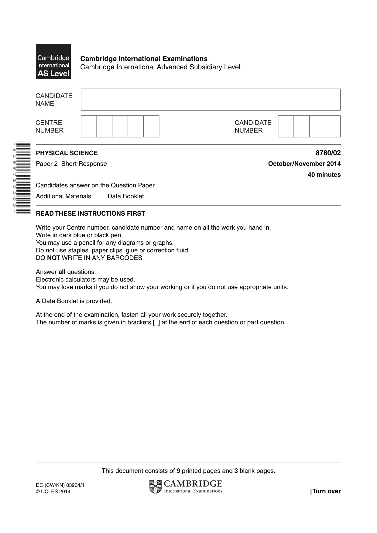 Cambridge A Level Physical Science 8780 2014 Oct/Nov Paper 2 · Variant 1 question paper, page 1 of 12