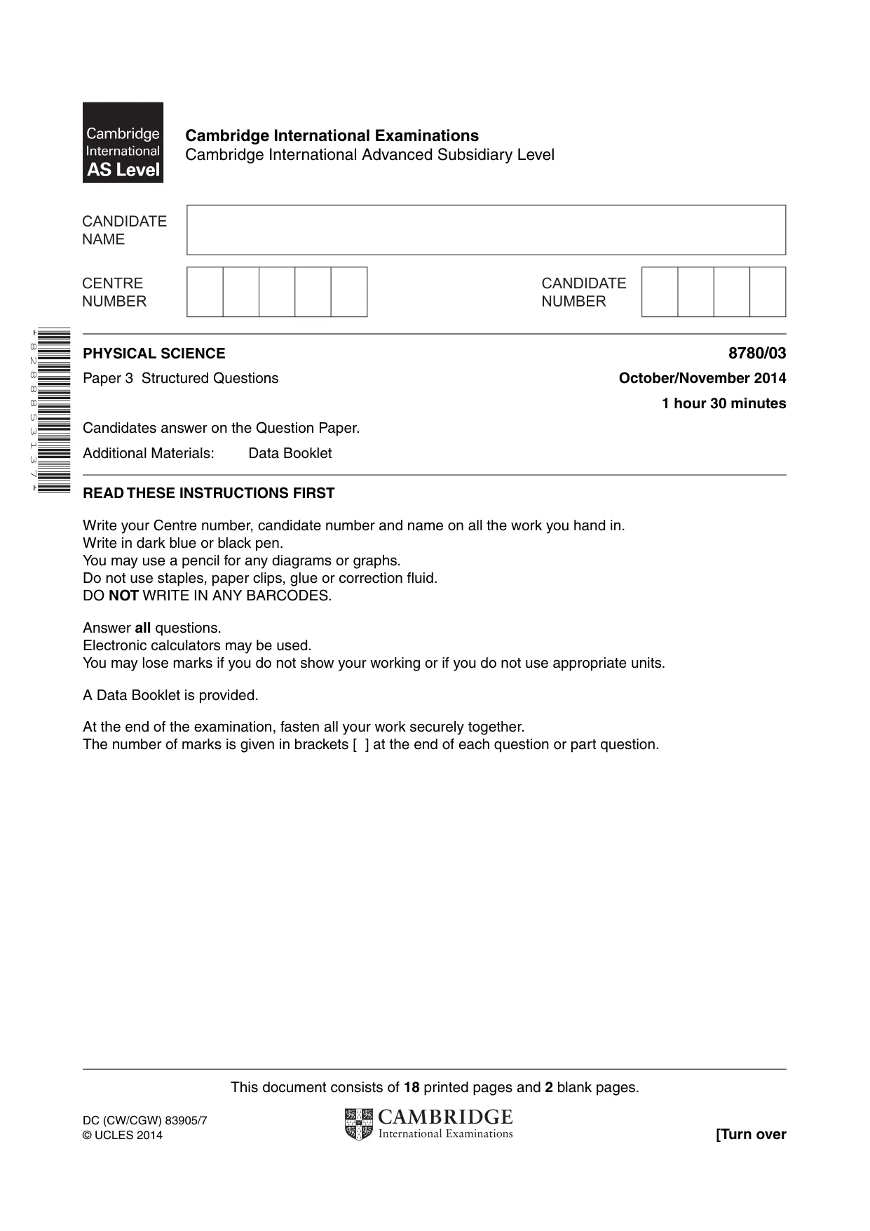 Cambridge A Level Physical Science 8780 2014 Oct/Nov Paper 3 · Variant 1 question paper, page 1 of 20