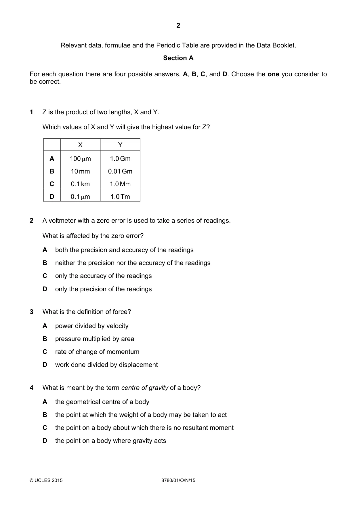 Cambridge A Level Physical Science 8780 2015 Oct/Nov Paper 1 · Variant 1 question paper, page 2 of 12