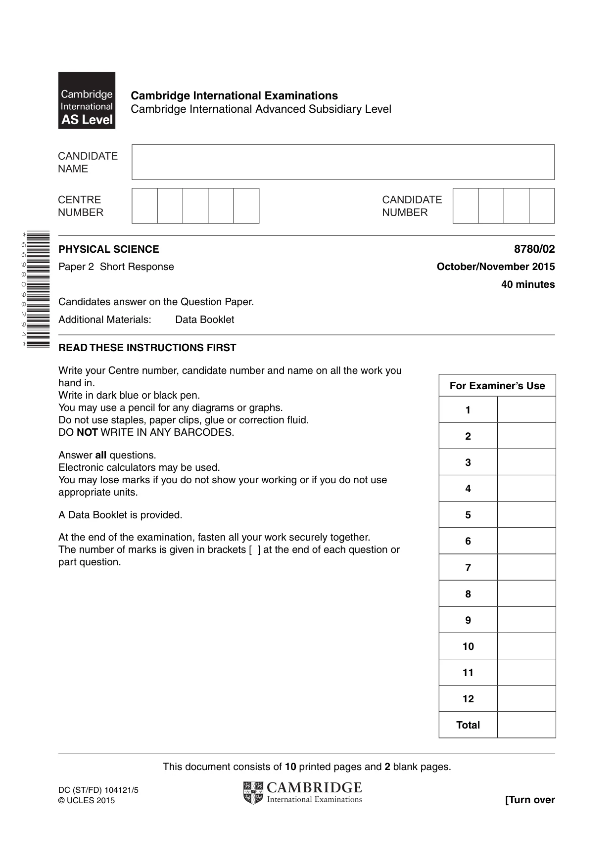 Cambridge A Level Physical Science 8780 2015 Oct/Nov Paper 2 · Variant 1 question paper, page 1 of 12