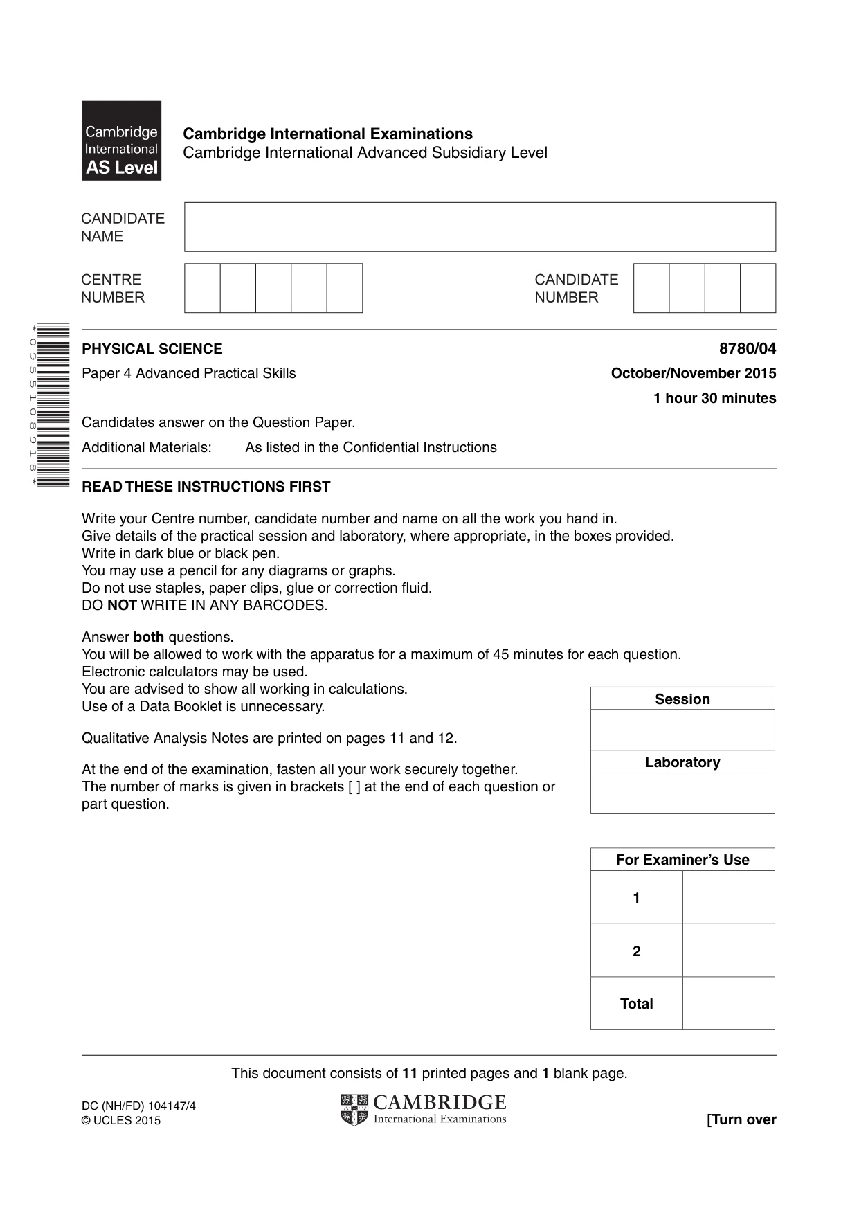 Cambridge A Level Physical Science 8780 2015 Oct/Nov Paper 4 · Variant 1 question paper, page 1 of 12