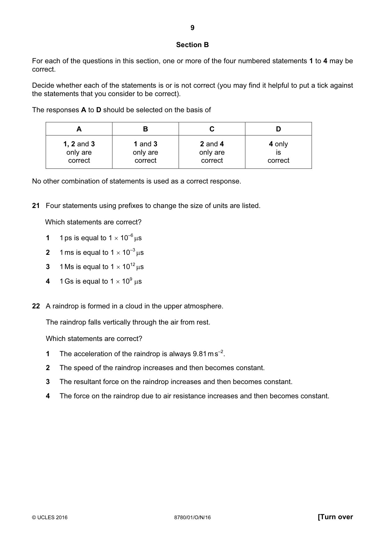 Cambridge A Level Physical Science 8780 2016 Oct/Nov Paper 1 · Variant 1 question paper, page 9 of 12