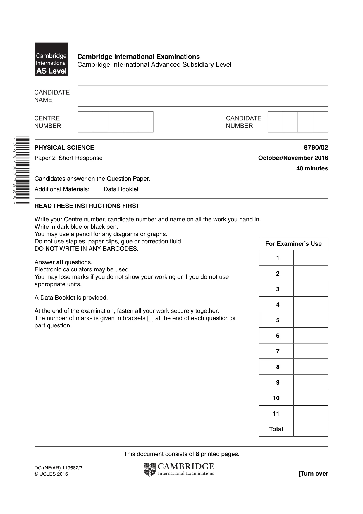 Cambridge A Level Physical Science 8780 2016 Oct/Nov Paper 2 · Variant 1 question paper, page 1 of 8