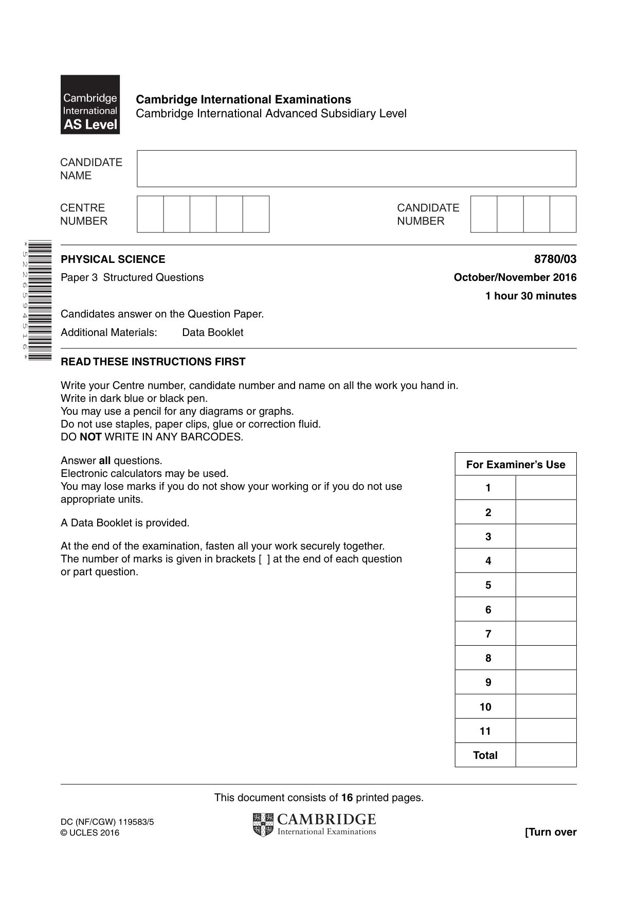 Cambridge A Level Physical Science 8780 2016 Oct/Nov Paper 3 · Variant 1 question paper, page 1 of 16