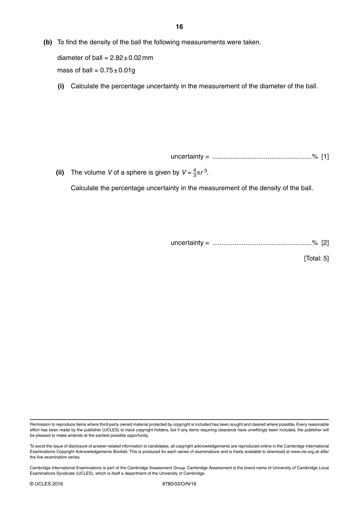 Cambridge A Level Physical Science 8780 2016 Oct/Nov Paper 3 · Variant 1 question paper, page 16 of 16