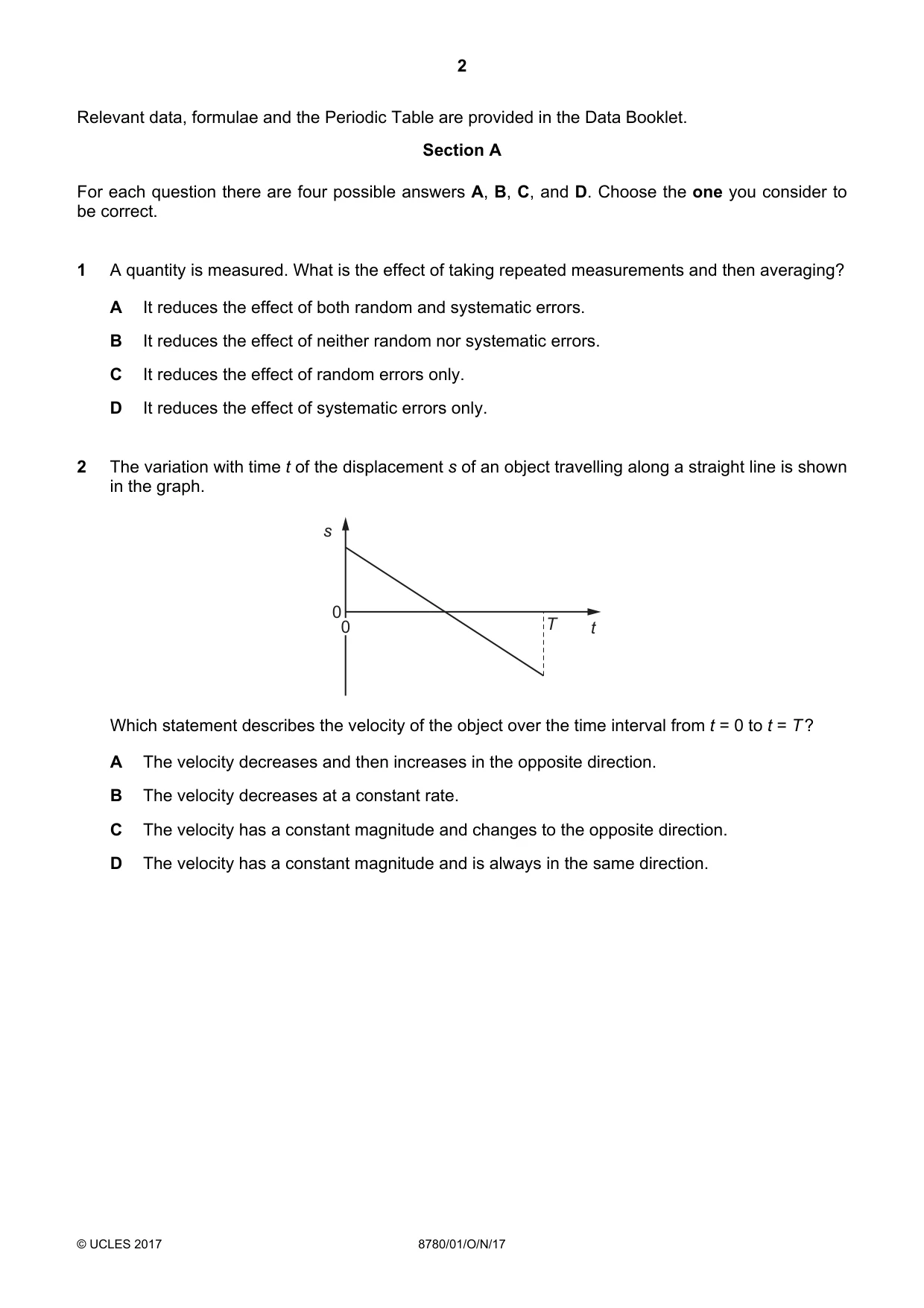 Cambridge A Level Physical Science 8780 2017 Oct/Nov Paper 1 · Variant 1 question paper, page 2 of 16