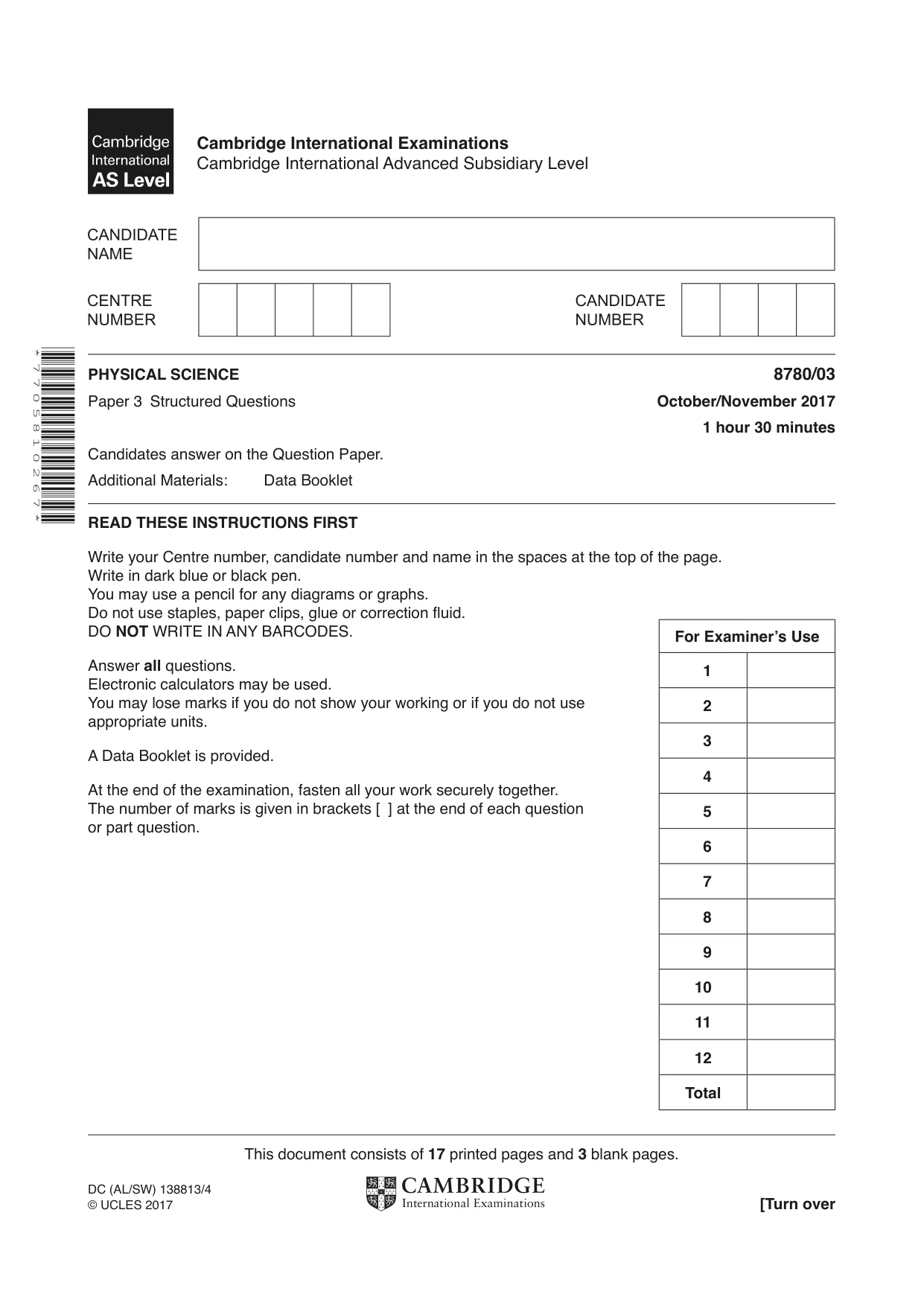 Cambridge A Level Physical Science 8780 2017 Oct/Nov Paper 3 · Variant 1 question paper, page 1 of 20