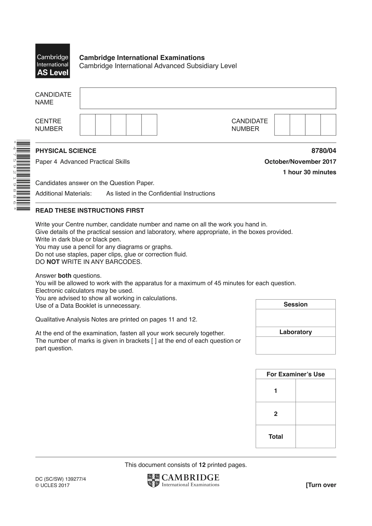 Cambridge A Level Physical Science 8780 2017 Oct/Nov Paper 4 · Variant 1 question paper, page 1 of 12