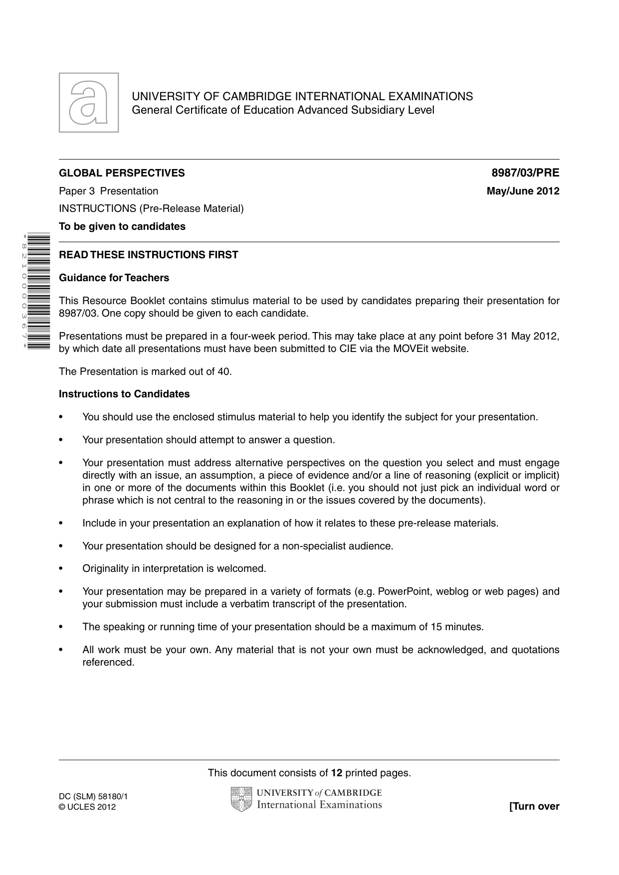Cambridge A Level Global Perspectives (AS Level only, until Nov 2015) 8987 2012 May/June Paper 3 · Variant 1 question paper, page 1 of 12