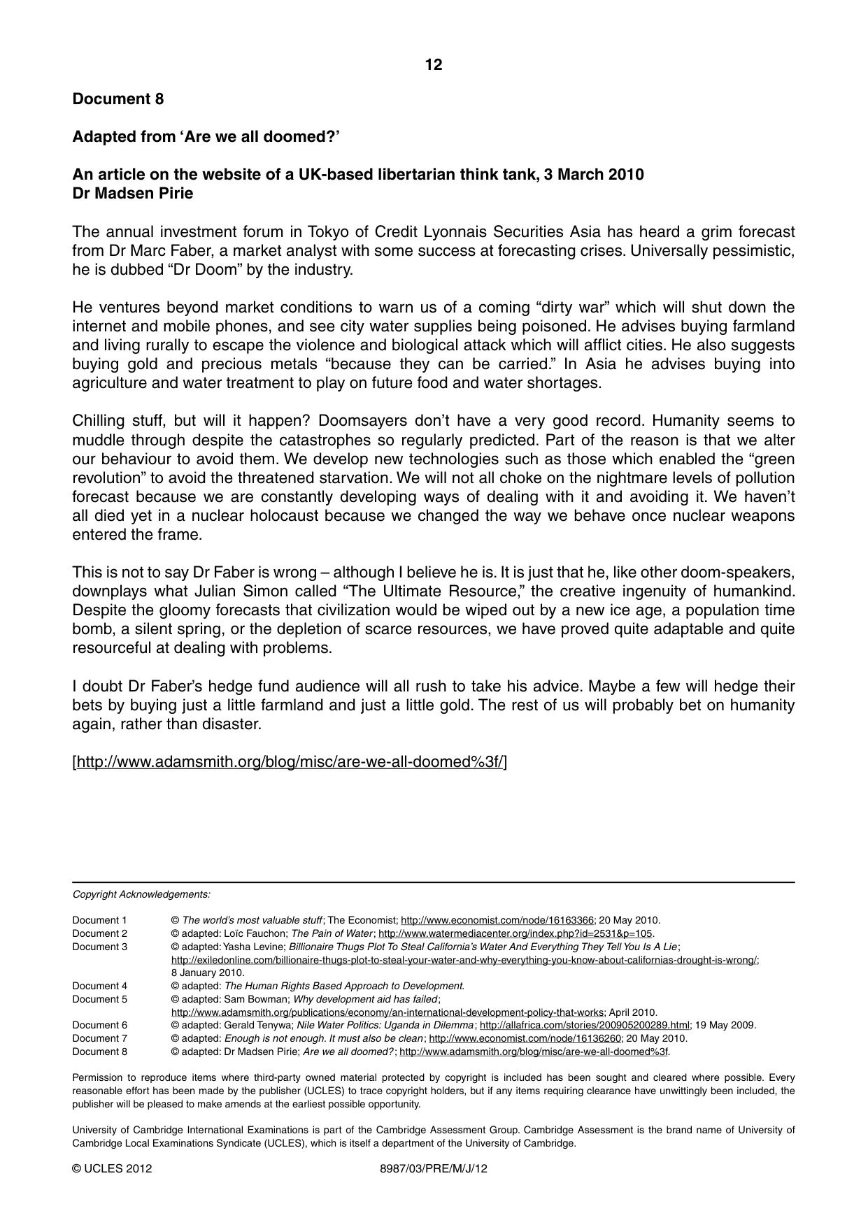 Cambridge A Level Global Perspectives (AS Level only, until Nov 2015) 8987 2012 May/June Paper 3 · Variant 1 question paper, page 12 of 12