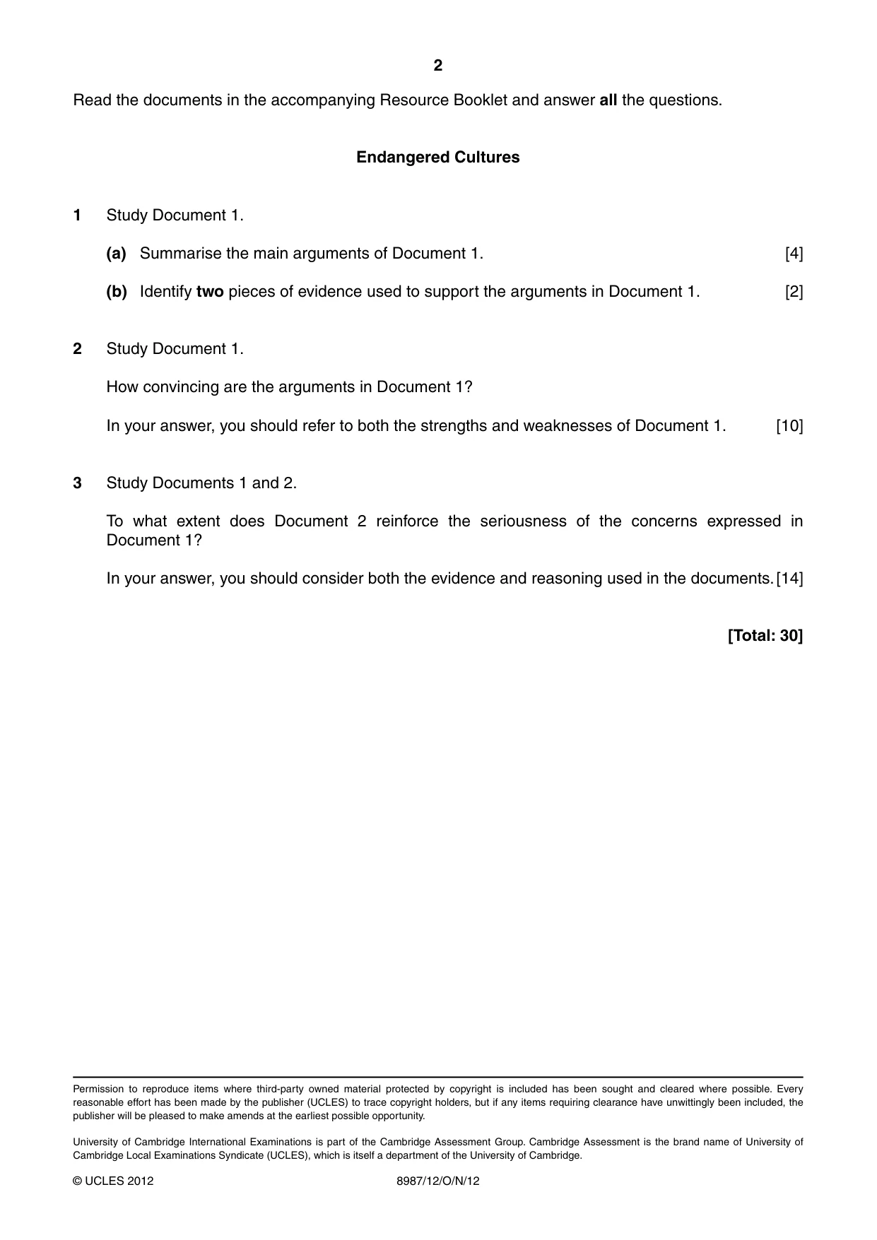 Cambridge A Level Global Perspectives (AS Level only, until Nov 2015) 8987 2012 Oct/Nov Paper 1 · Variant 2 question paper, page 2 of 2