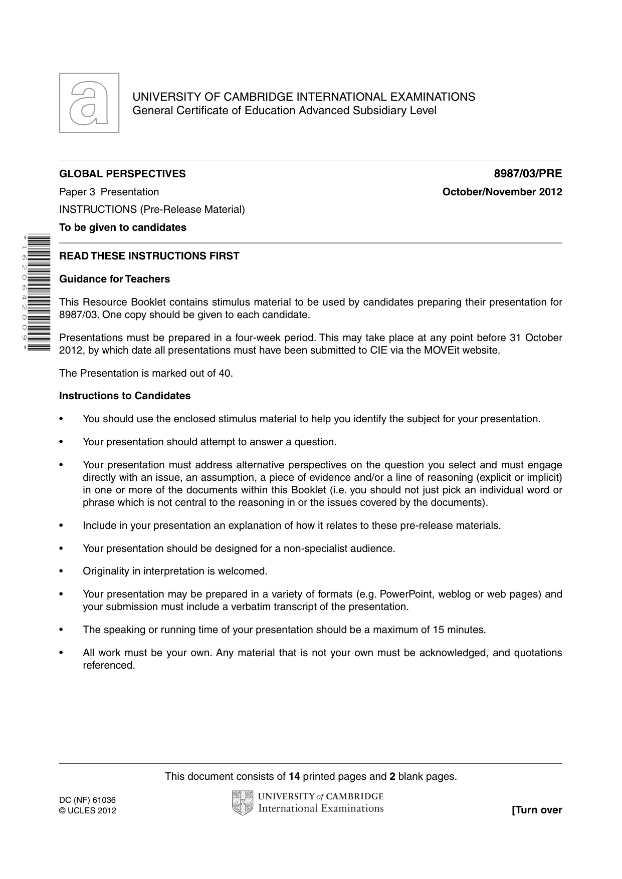 Cambridge A Level Global Perspectives (AS Level only, until Nov 2015) 8987 2012 Oct/Nov Paper 3 · Variant 1 question paper, page 1 of 16
