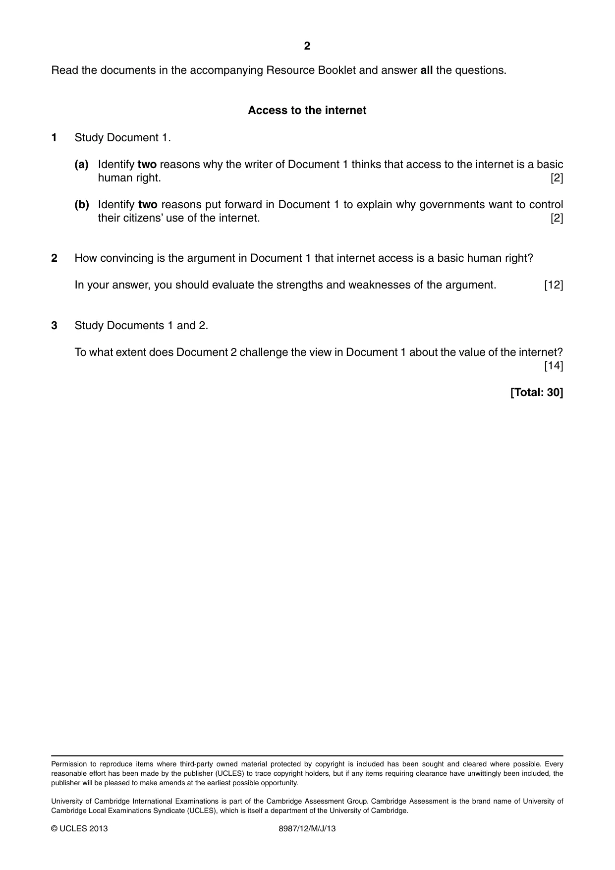 Cambridge A Level Global Perspectives (AS Level only, until Nov 2015) 8987 2013 May/June Paper 1 · Variant 2 question paper, page 2 of 2