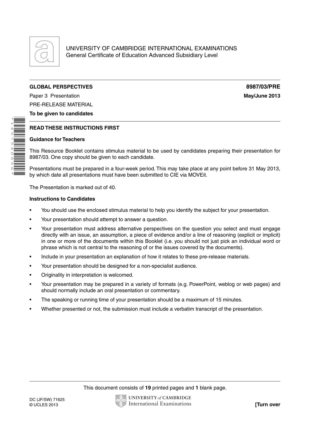 Cambridge A Level Global Perspectives (AS Level only, until Nov 2015) 8987 2013 May/June Paper 3 · Variant 1 question paper, page 1 of 20