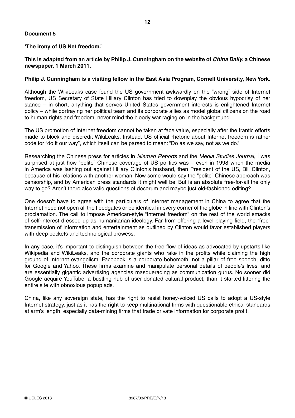 Cambridge A Level Global Perspectives (AS Level only, until Nov 2015) 8987 2013 Oct/Nov Paper 3 · Variant 1 question paper, page 12 of 16