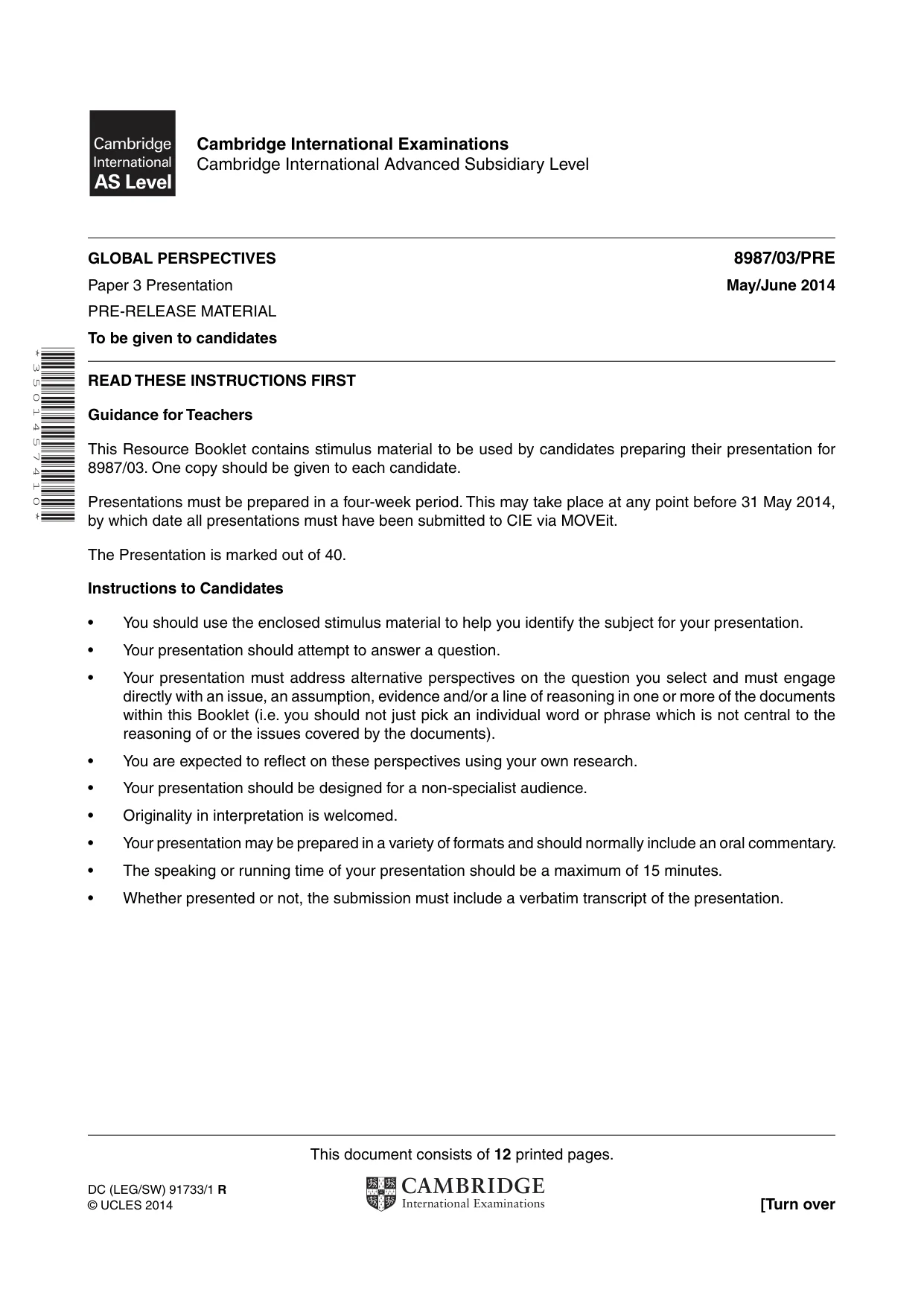 Cambridge A Level Global Perspectives (AS Level only, until Nov 2015) 8987 2014 May/June Paper 3 · Variant 1 question paper, page 1 of 12