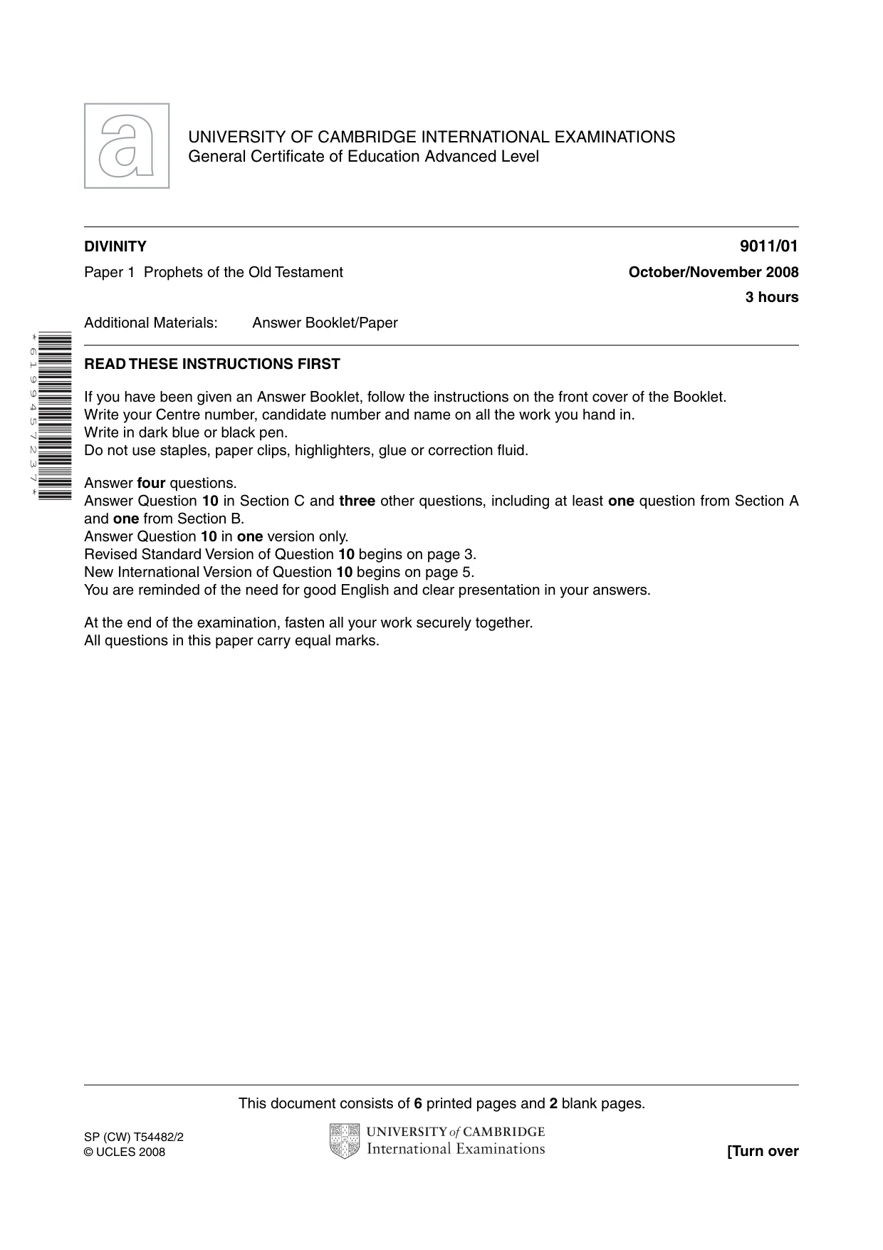 Cambridge A Level Divinity 9011 2008 Oct/Nov Paper 1 · Variant 1 question paper, page 1 of 8