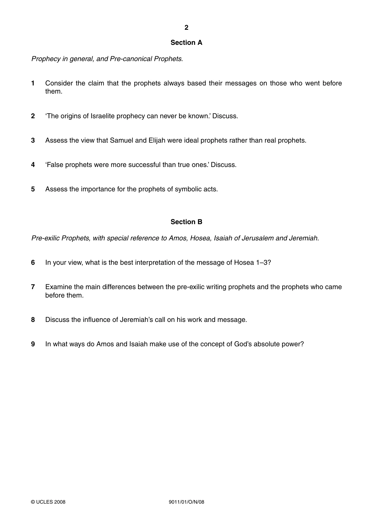 Cambridge A Level Divinity 9011 2008 Oct/Nov Paper 1 · Variant 1 question paper, page 2 of 8