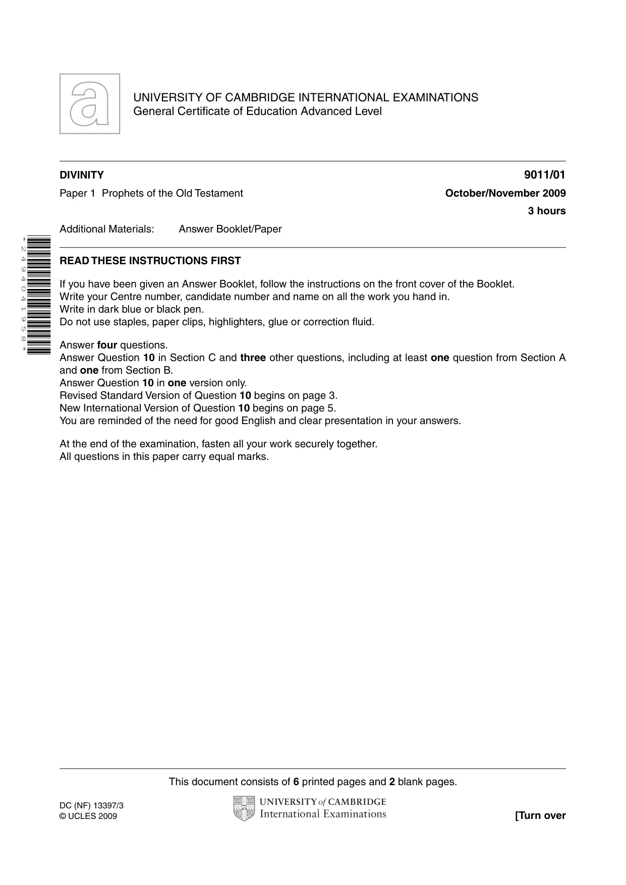 Cambridge A Level Divinity 9011 2009 Oct/Nov Paper 1 · Variant 1 question paper, page 1 of 8