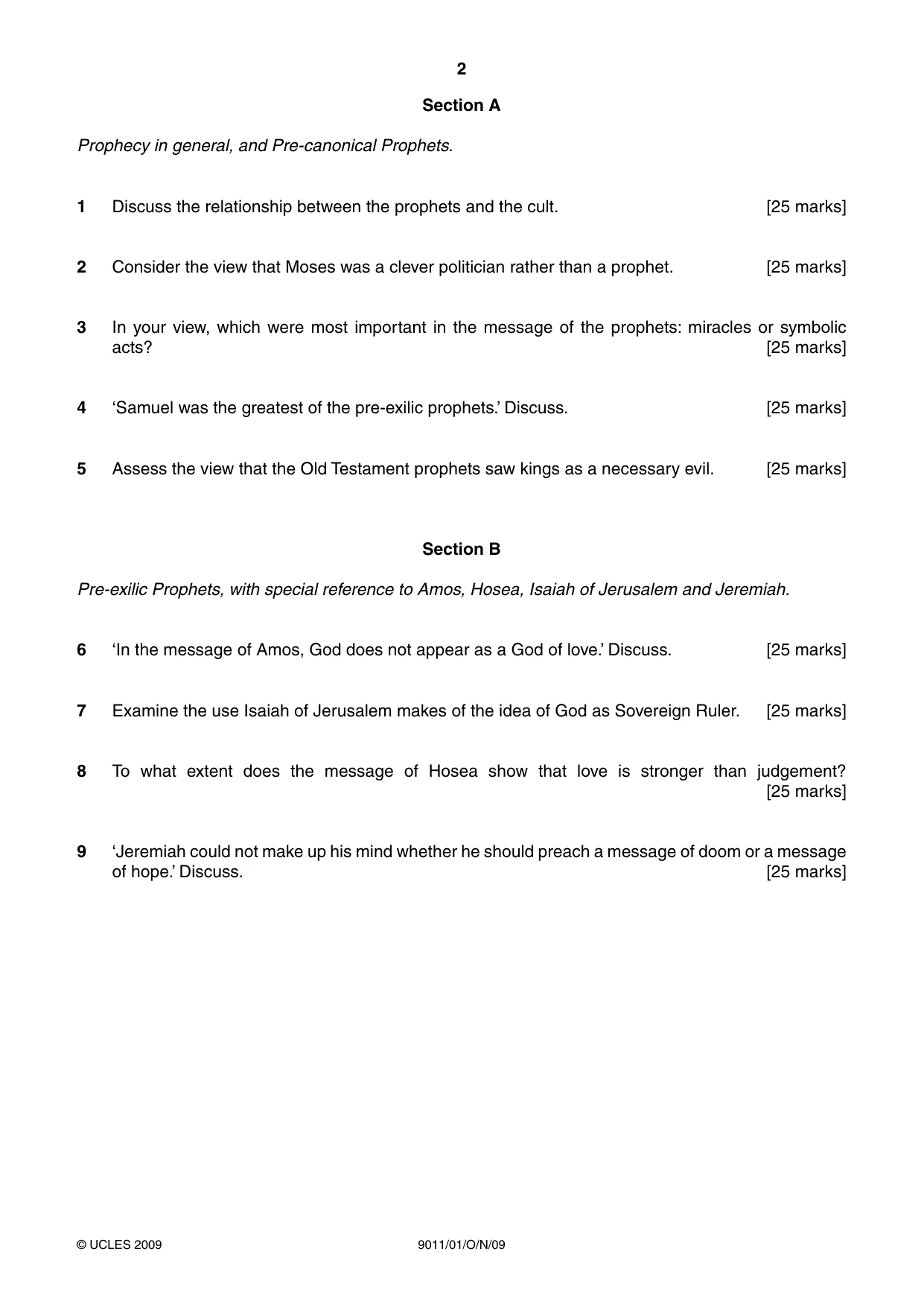 Cambridge A Level Divinity 9011 2009 Oct/Nov Paper 1 · Variant 1 question paper, page 2 of 8