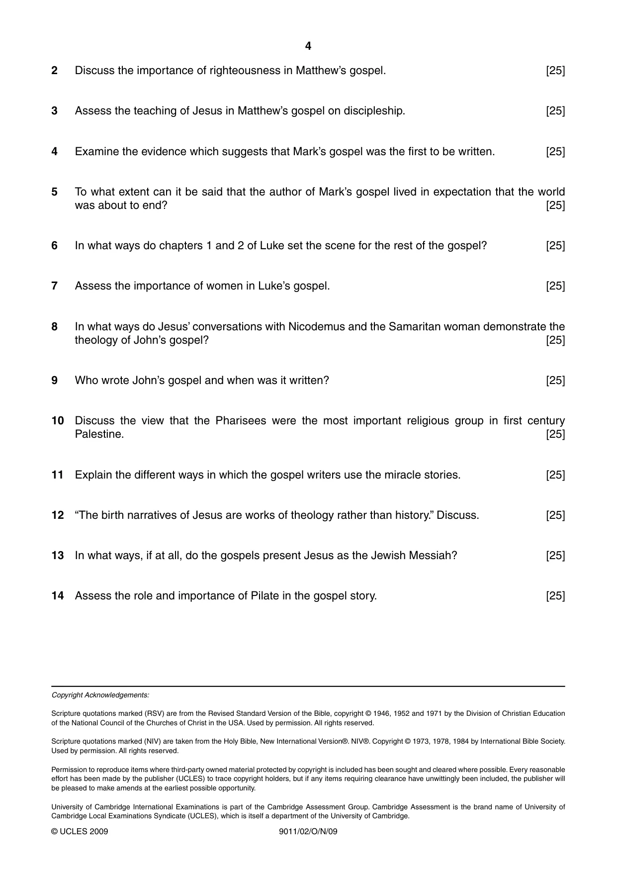 Cambridge A Level Divinity 9011 2009 Oct/Nov Paper 2 · Variant 1 question paper, page 4 of 4