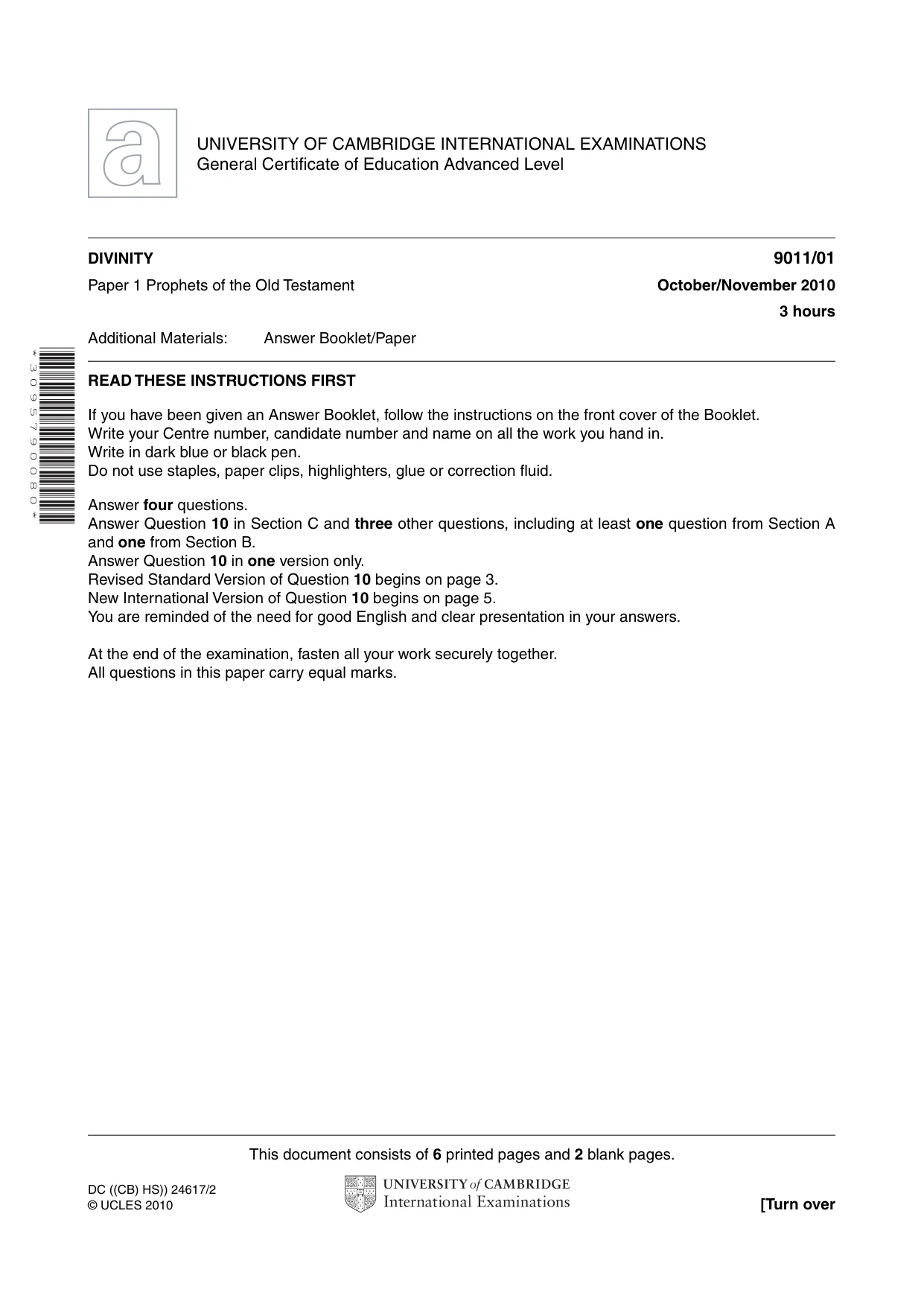 Cambridge A Level Divinity 9011 2010 Oct/Nov Paper 1 · Variant 1 question paper, page 1 of 8