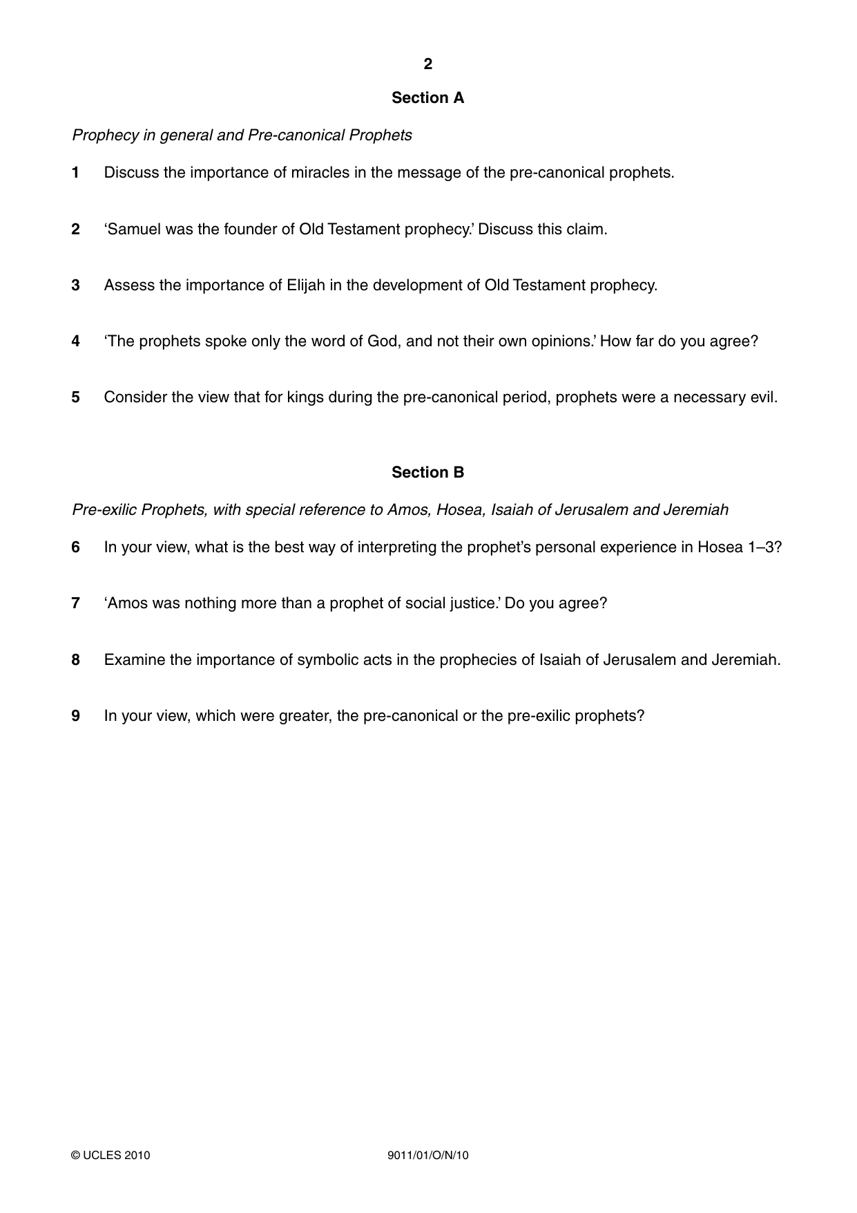 Cambridge A Level Divinity 9011 2010 Oct/Nov Paper 1 · Variant 1 question paper, page 2 of 8