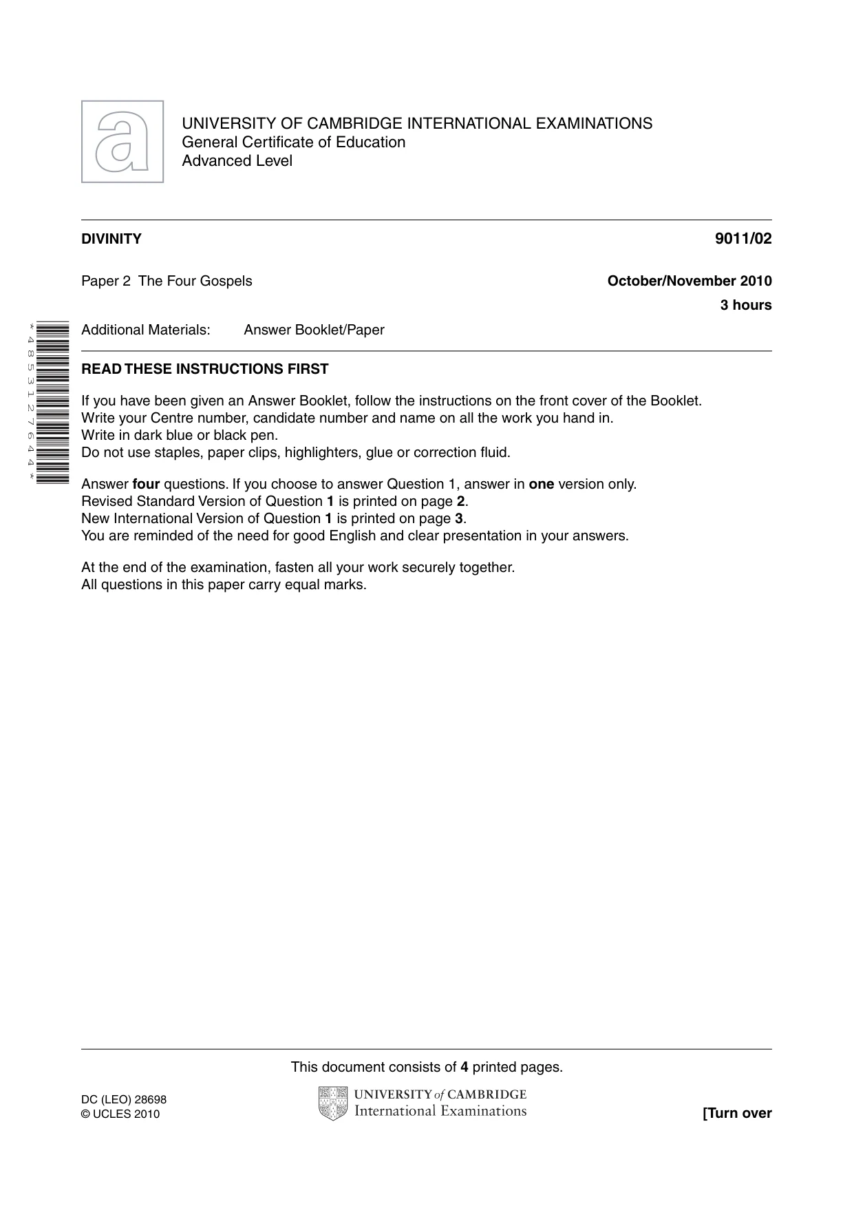 Cambridge A Level Divinity 9011 2010 Oct/Nov Paper 2 · Variant 1 question paper, page 1 of 4