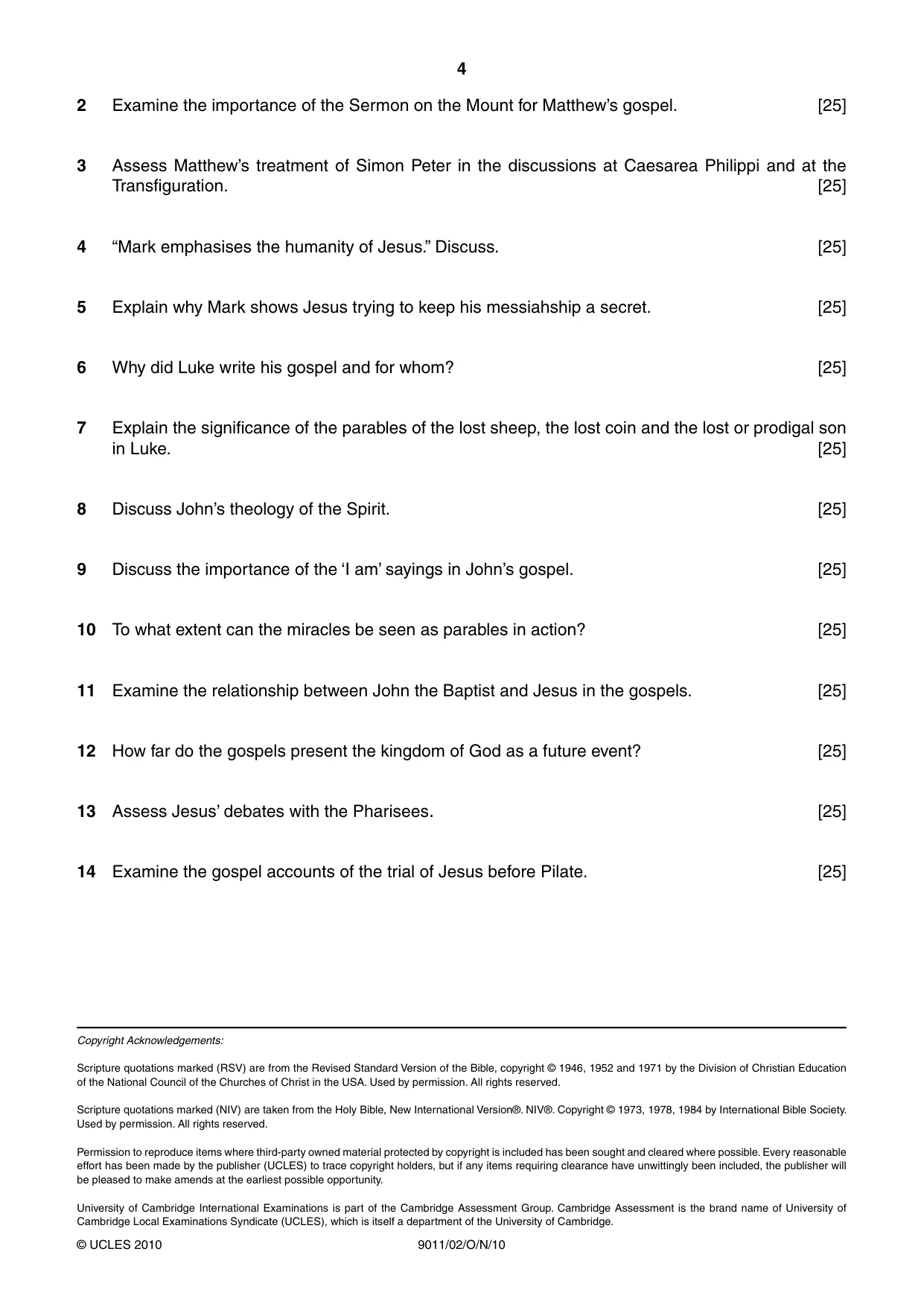 Cambridge A Level Divinity 9011 2010 Oct/Nov Paper 2 · Variant 1 question paper, page 4 of 4