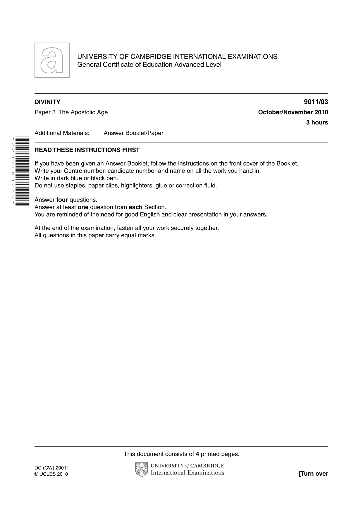 Cambridge A Level Divinity 9011 2010 Oct/Nov Paper 3 · Variant 1 question paper, page 1 of 4