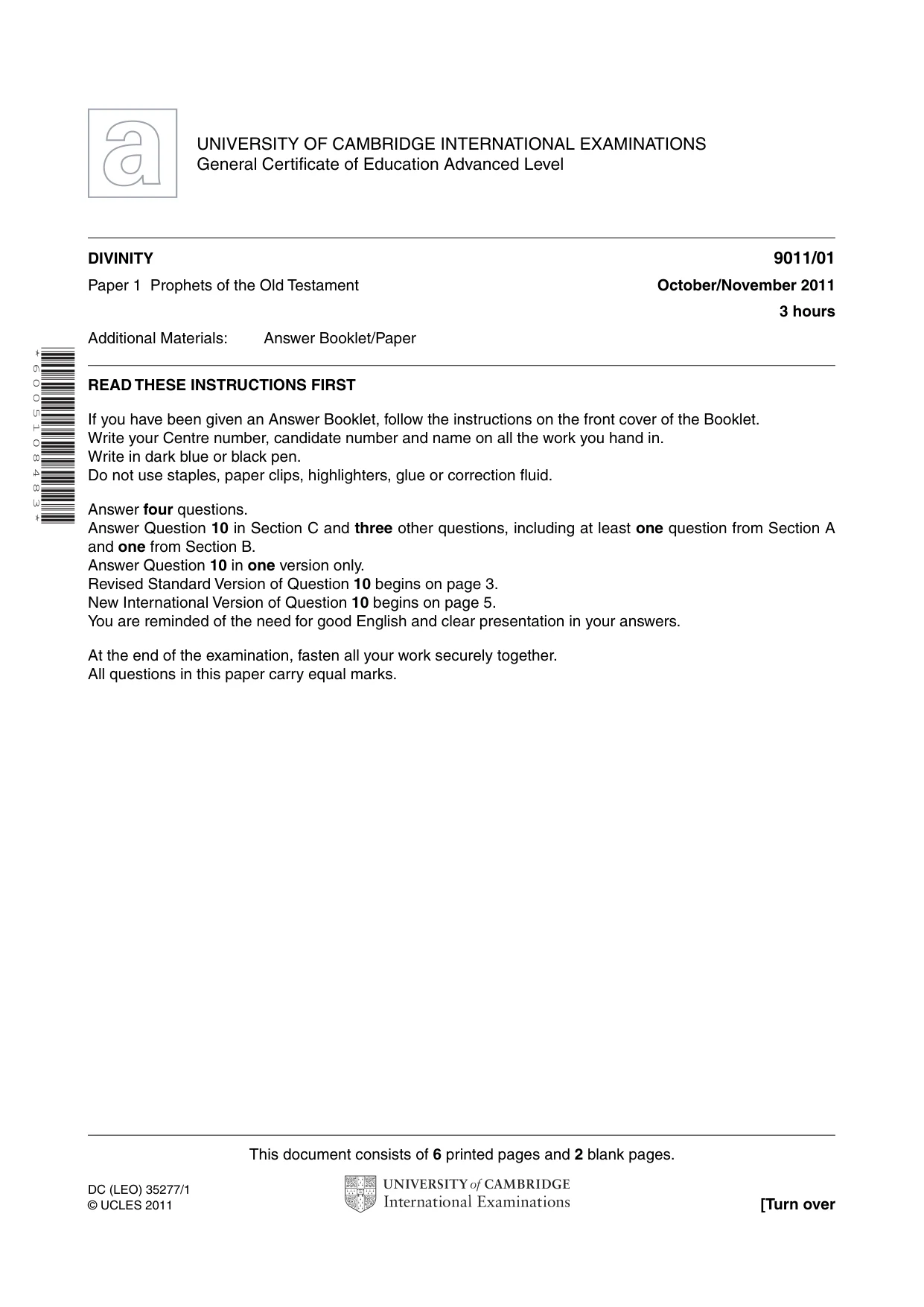 Cambridge A Level Divinity 9011 2011 Oct/Nov Paper 1 · Variant 1 question paper, page 1 of 8