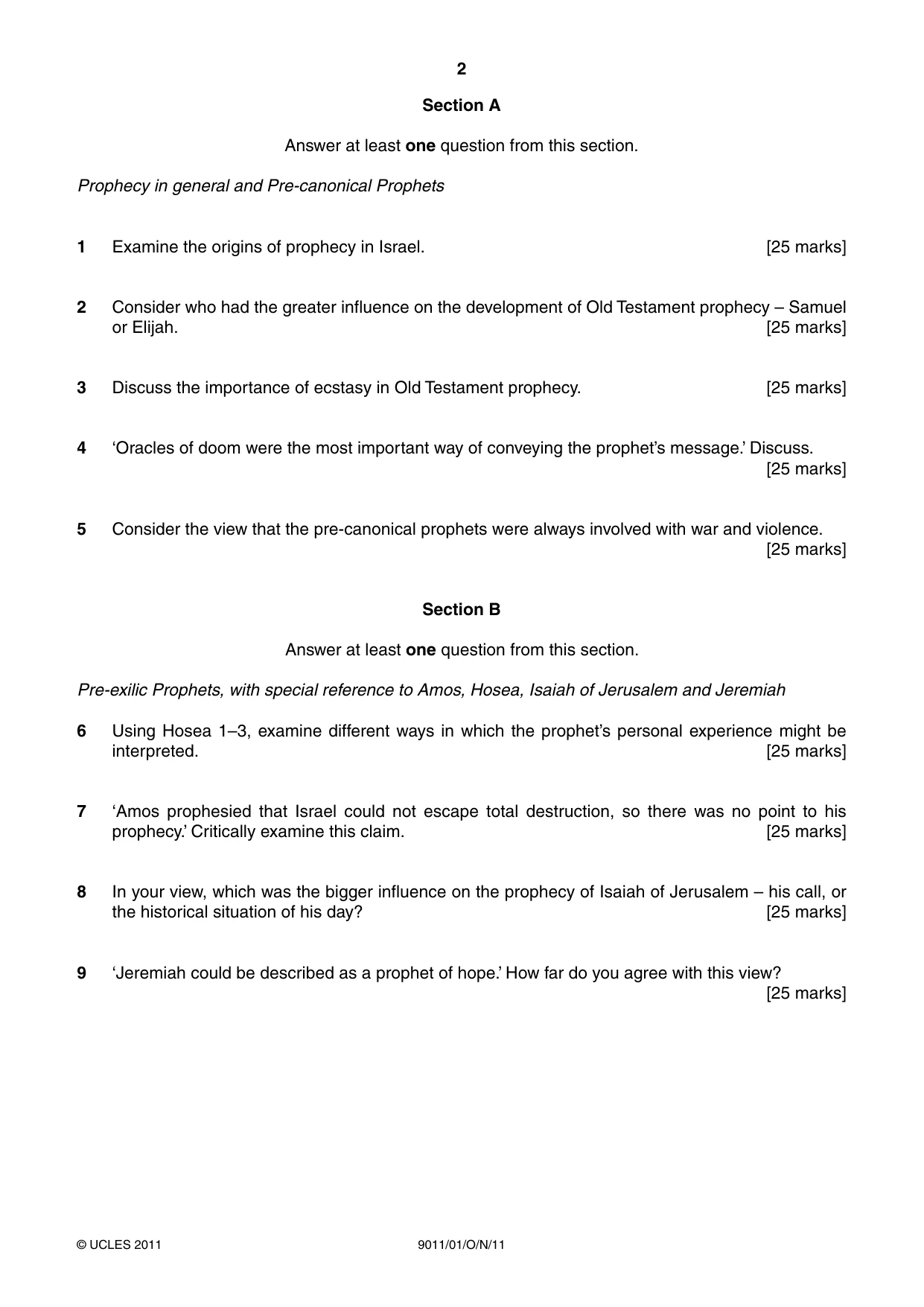 Cambridge A Level Divinity 9011 2011 Oct/Nov Paper 1 · Variant 1 question paper, page 2 of 8