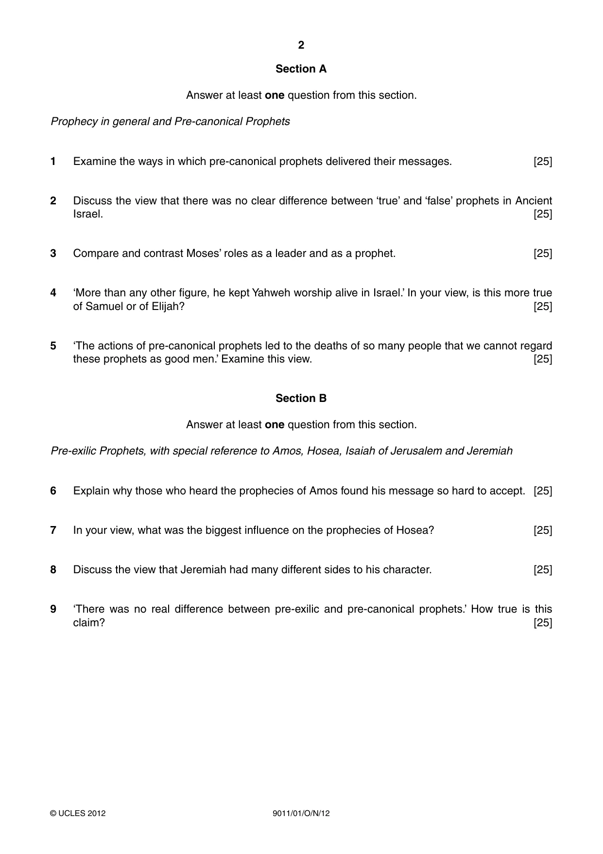 Cambridge A Level Divinity 9011 2012 Oct/Nov Paper 1 · Variant 1 question paper, page 2 of 8