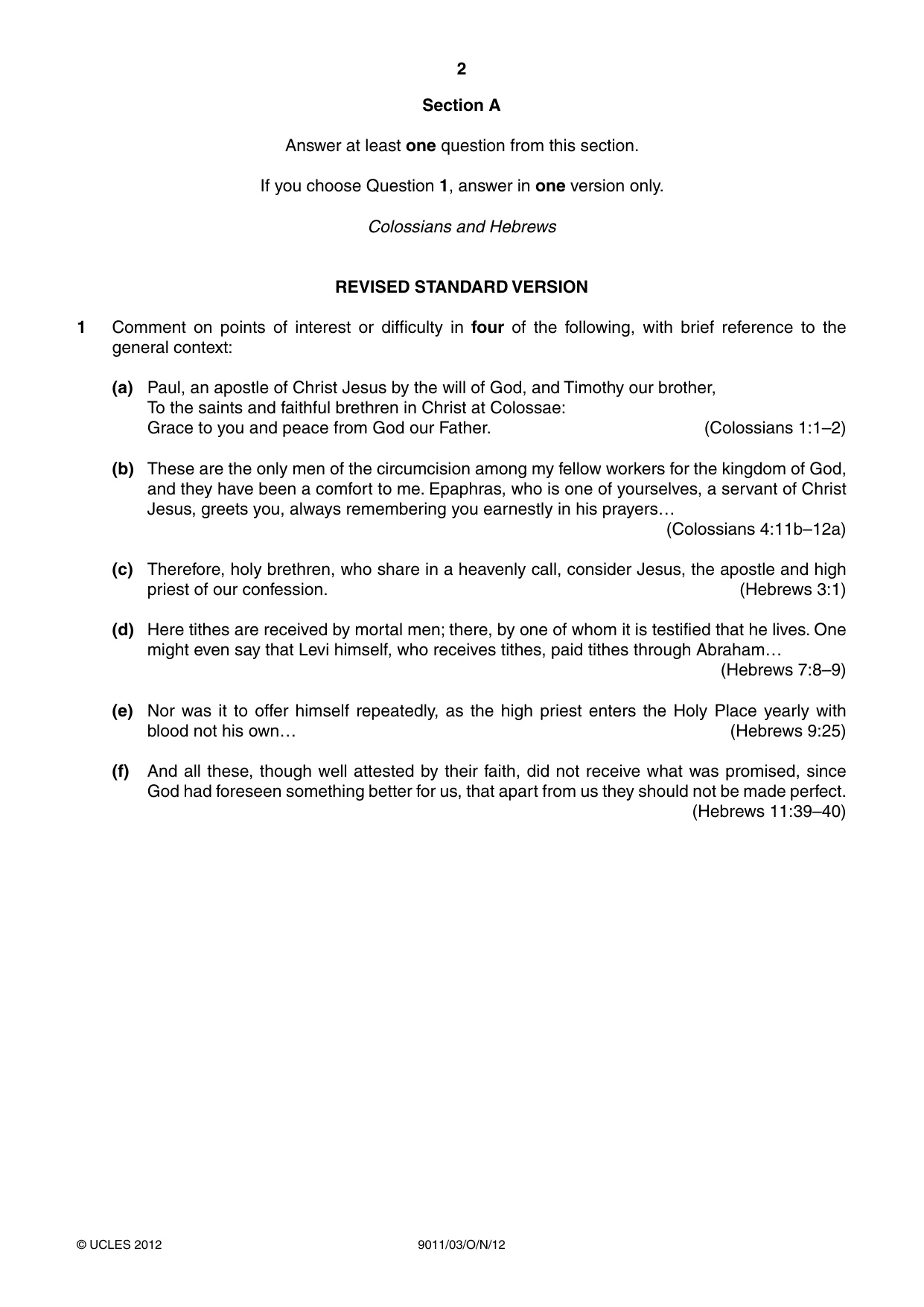 Cambridge A Level Divinity 9011 2012 Oct/Nov Paper 3 · Variant 1 question paper, page 2 of 4