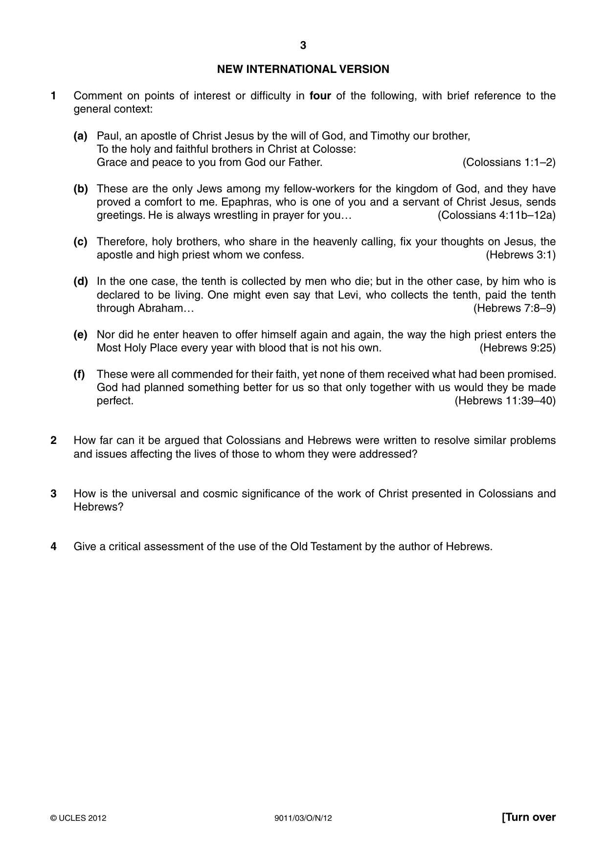 Cambridge A Level Divinity 9011 2012 Oct/Nov Paper 3 · Variant 1 question paper, page 3 of 4