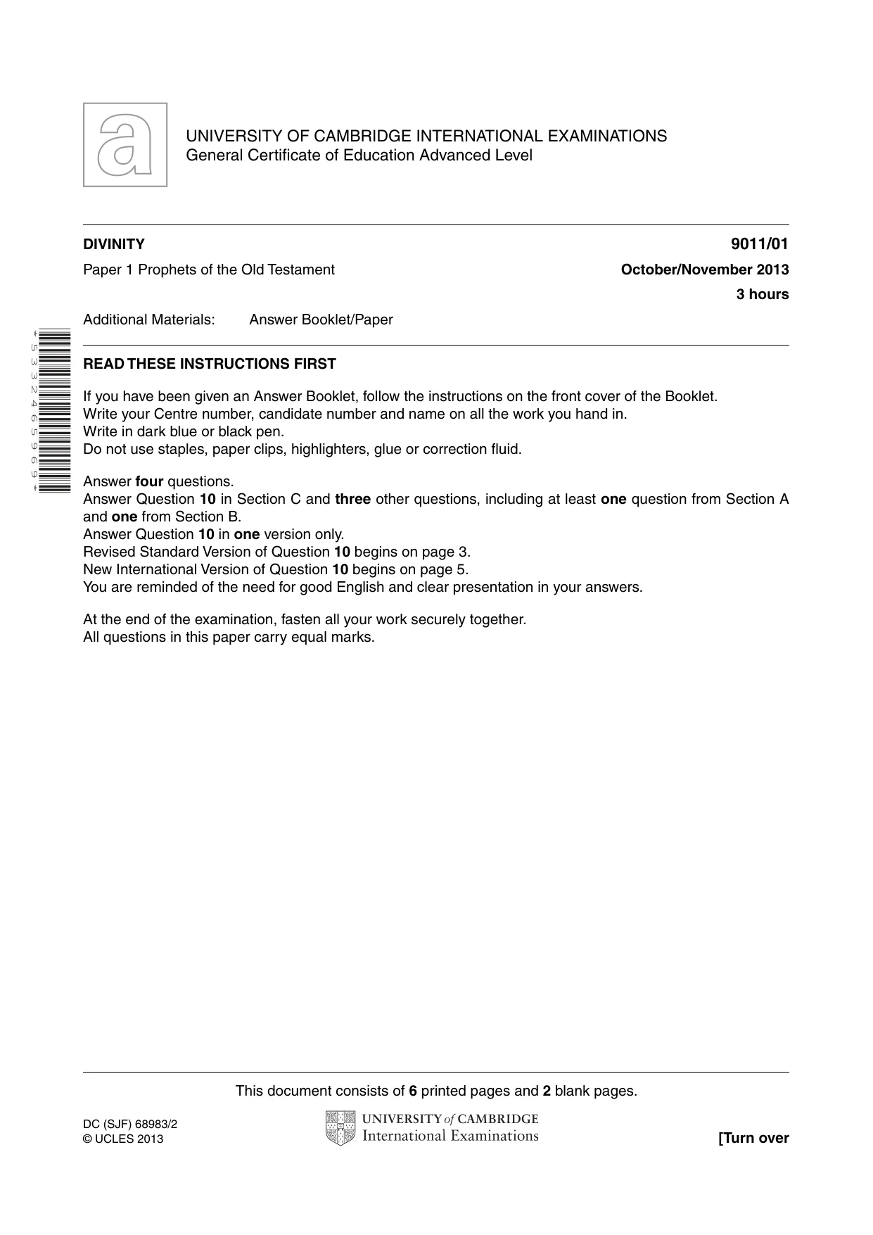 Cambridge A Level Divinity 9011 2013 Oct/Nov Paper 1 · Variant 1 question paper, page 1 of 8