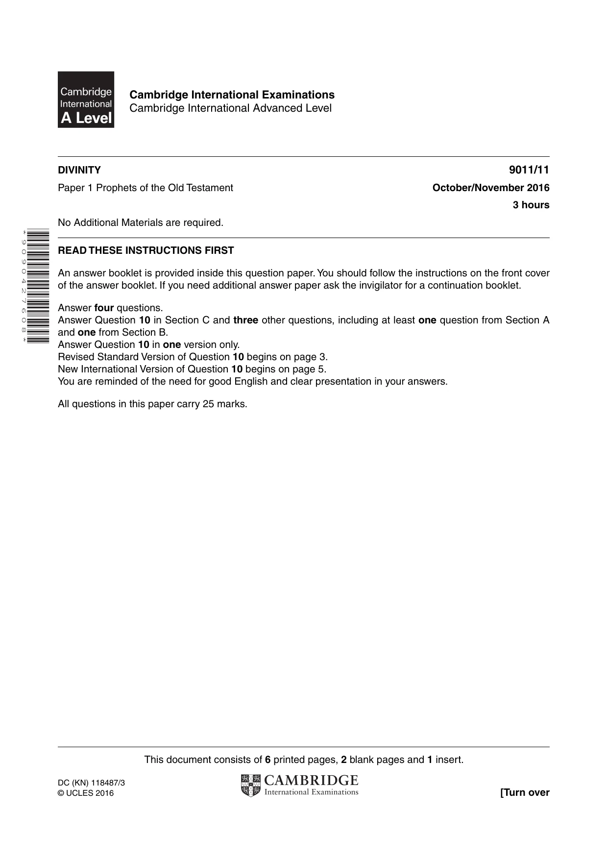 Cambridge A Level Divinity 9011 2016 Oct/Nov Paper 1 · Variant 1 question paper, page 1 of 8