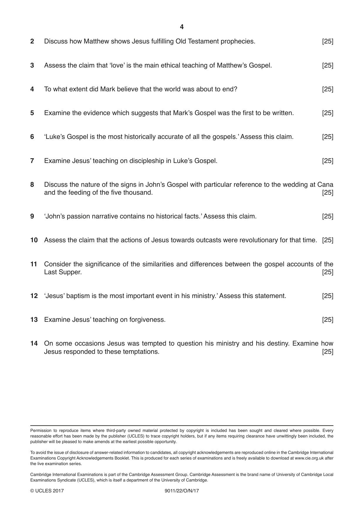 Cambridge A Level Divinity 9011 2017 Oct/Nov Paper 2 · Variant 2 question paper, page 4 of 4