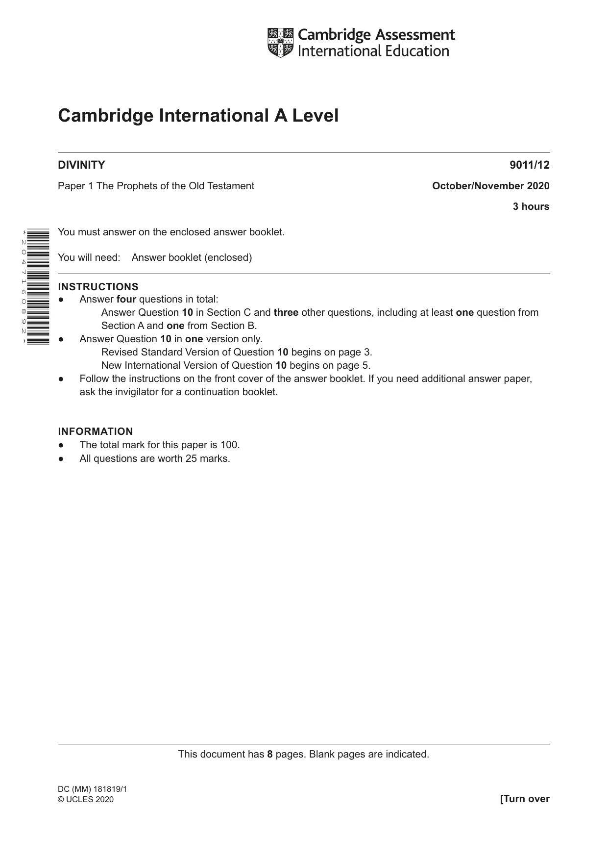Cambridge A Level Divinity 9011 2020 Oct/Nov Paper 1 · Variant 2 question paper, page 1 of 8