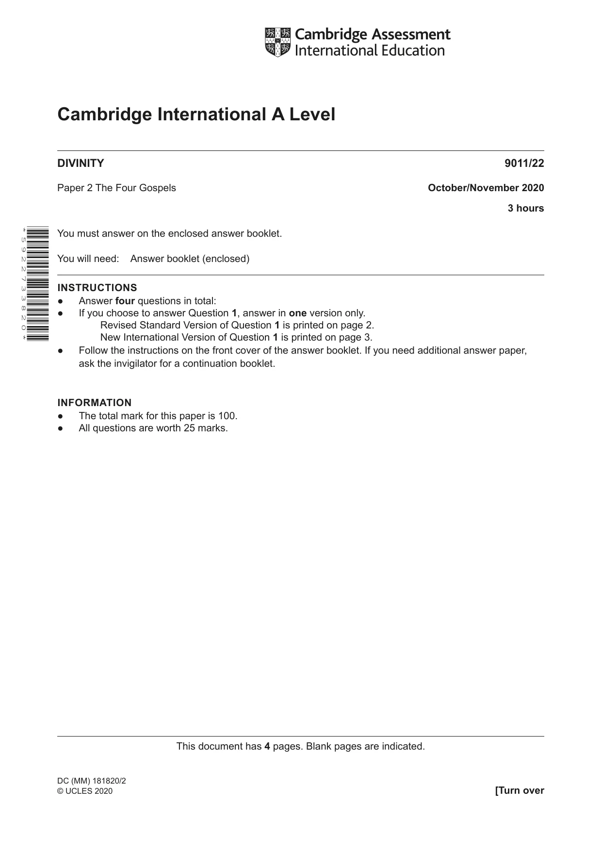Cambridge A Level Divinity 9011 2020 Oct/Nov Paper 2 · Variant 2 question paper, page 1 of 4