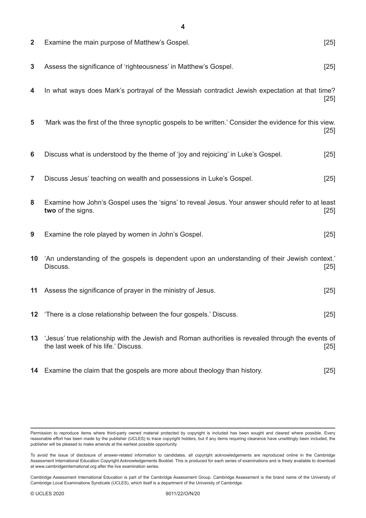 Cambridge A Level Divinity 9011 2020 Oct/Nov Paper 2 · Variant 2 question paper, page 4 of 4