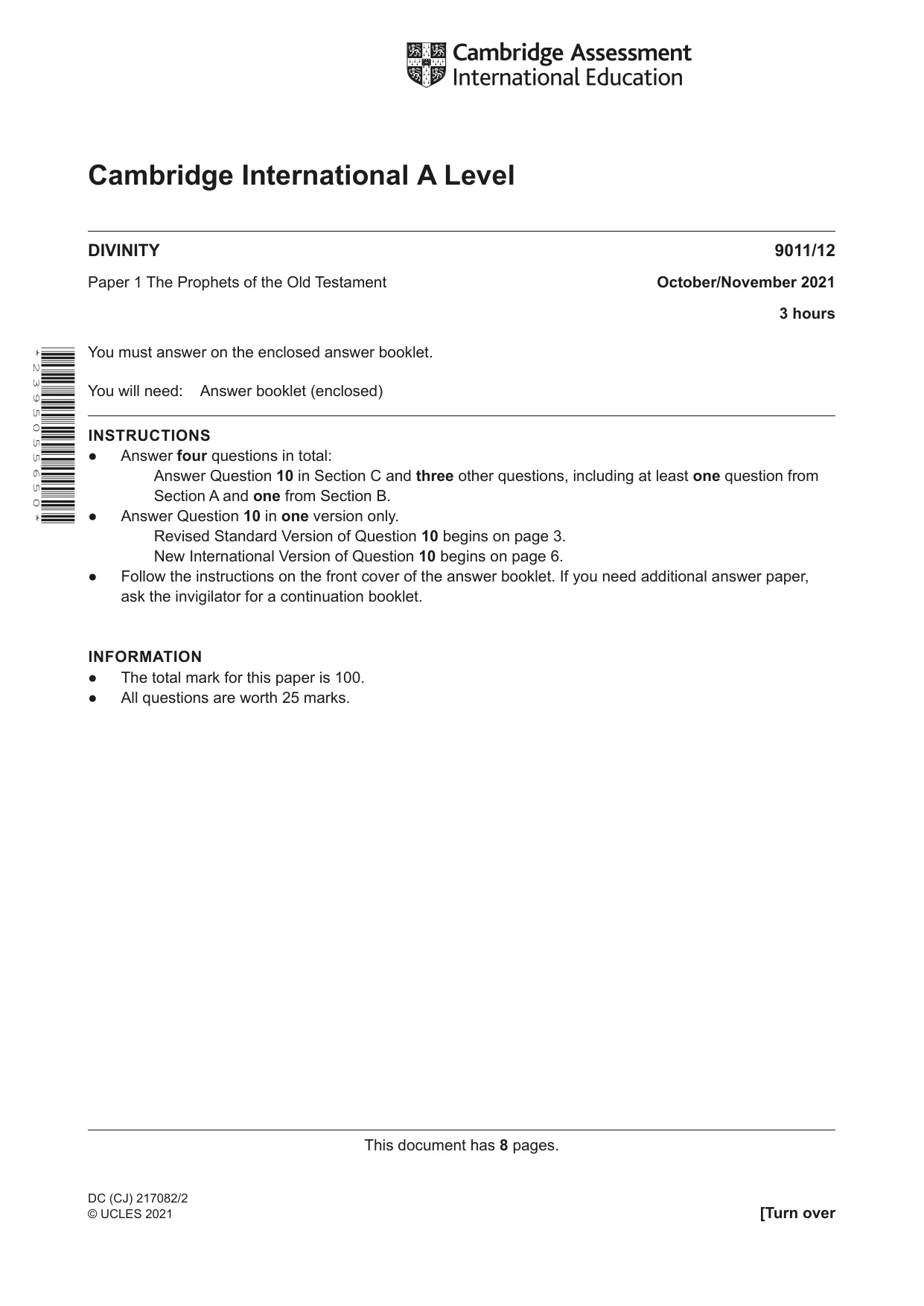 Cambridge A Level Divinity 9011 2021 Oct/Nov Paper 1 · Variant 2 question paper, page 1 of 8