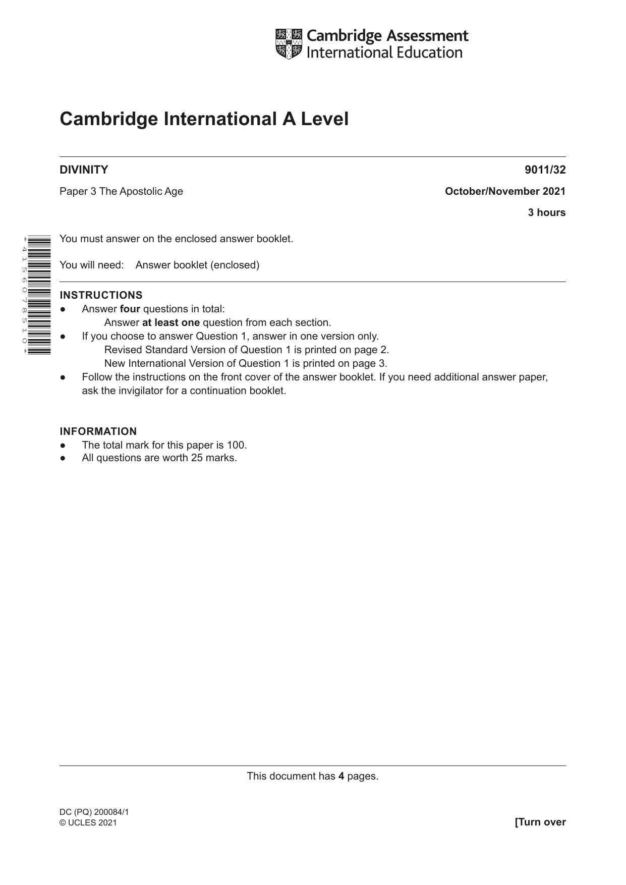 Cambridge A Level Divinity 9011 2021 Oct/Nov Paper 3 · Variant 2 question paper, page 1 of 4
