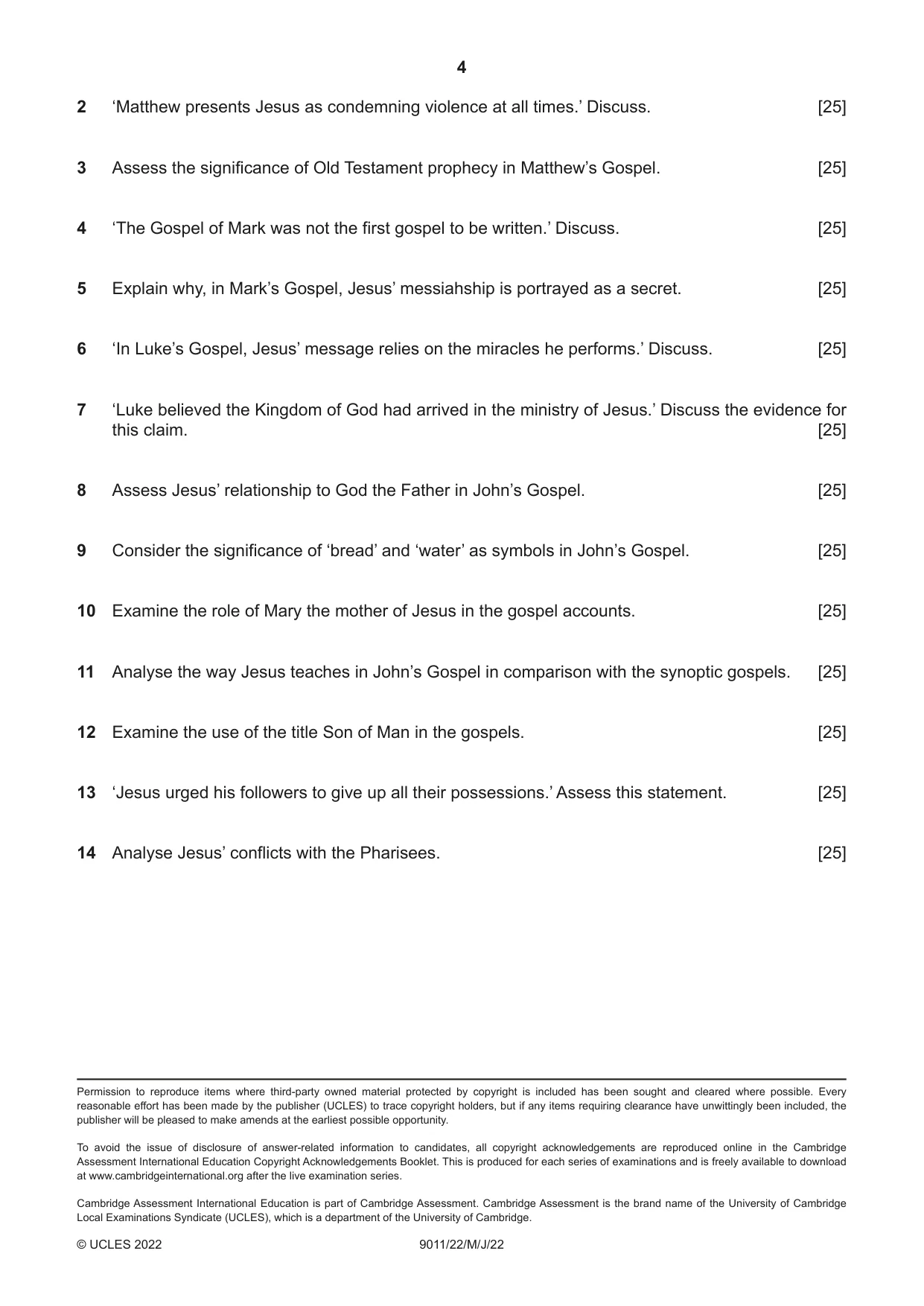 Cambridge A Level Divinity 9011 2022 May/June Paper 2 · Variant 2 question paper, page 4 of 4
